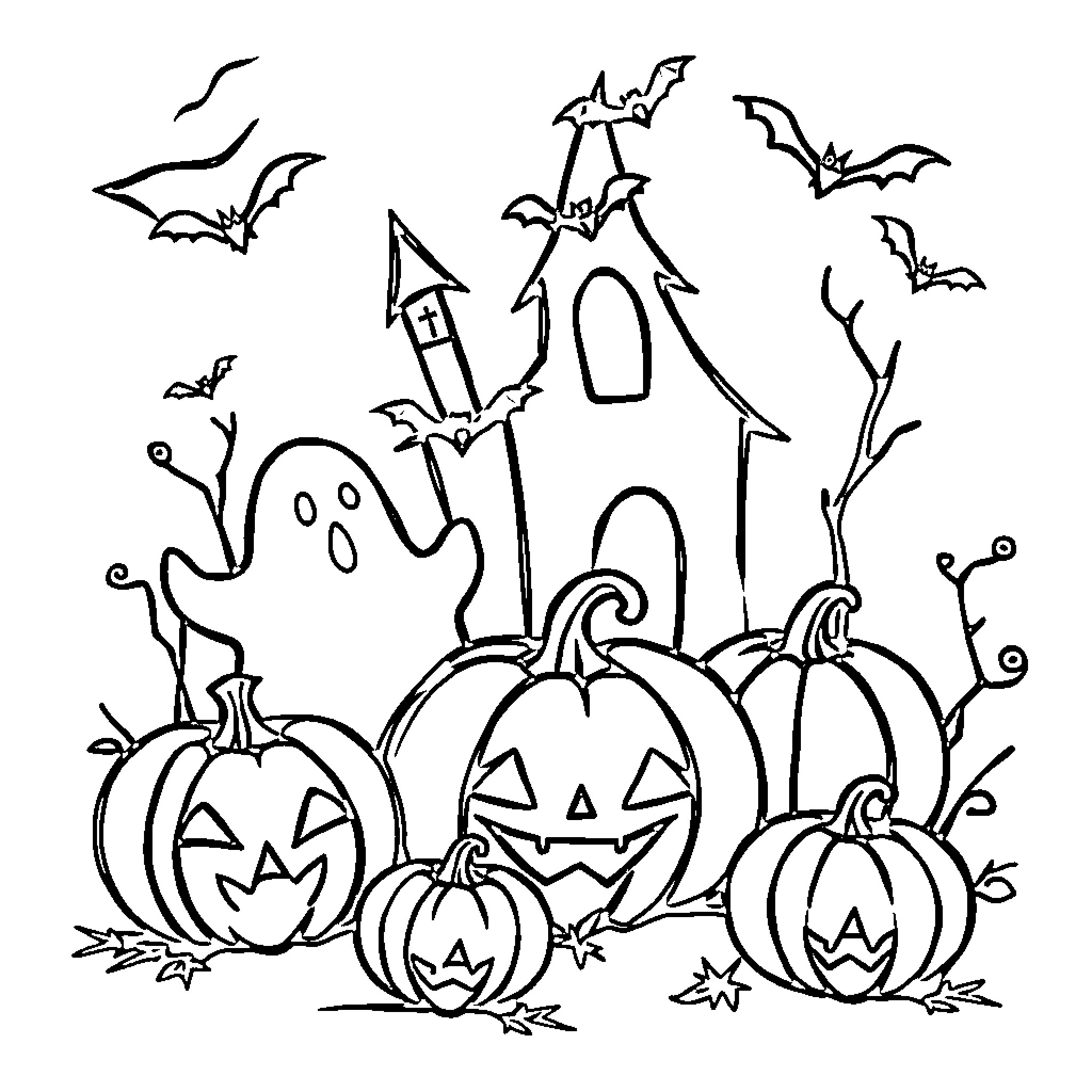 Halloween fun with pumpkins and spooky ghosts Coloring Page (free black-and-white line drawing printable PDF for all, from beginners to advanced learners, including children, teens, adults, and seniors)