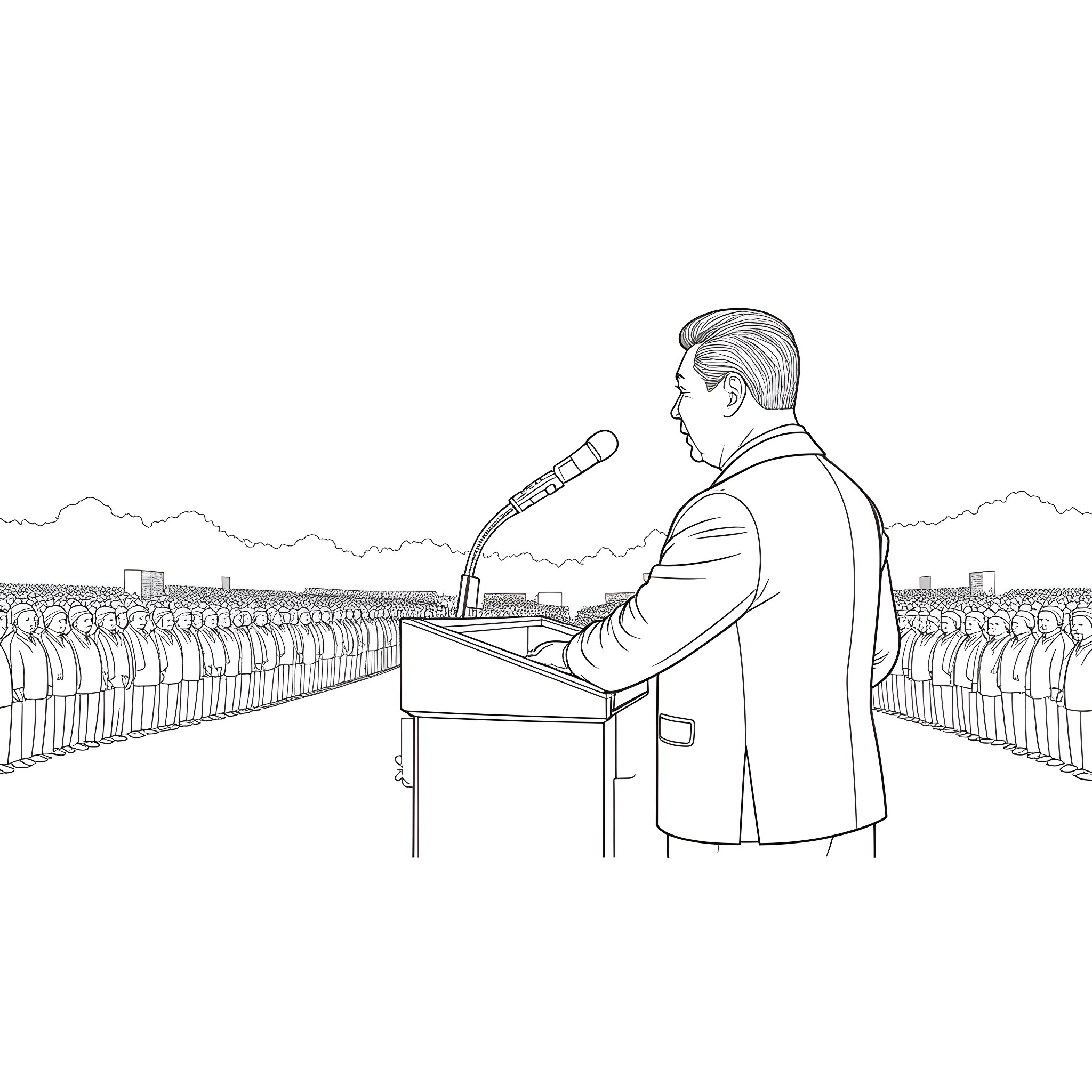 Xi Jinping delivering a speech to a large audience Coloring Page (free black-and-white line drawing printable PDF for all, from beginners to advanced learners, including children, teens, adults, and seniors)