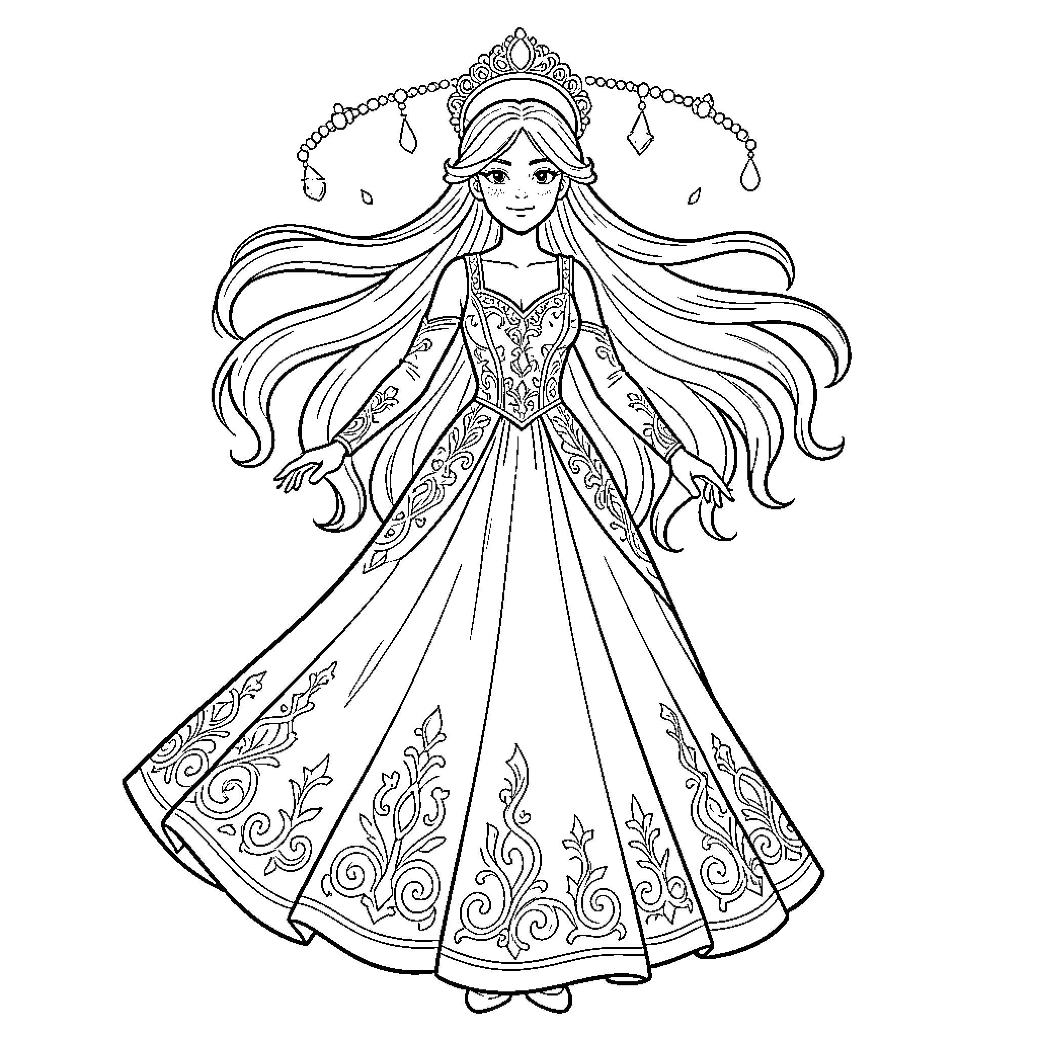 Fille dans une robe ornée de motifs floraux Coloring Page (free black-and-white line drawing printable PDF for all, from beginners to advanced learners, including children, teens, adults, and seniors)