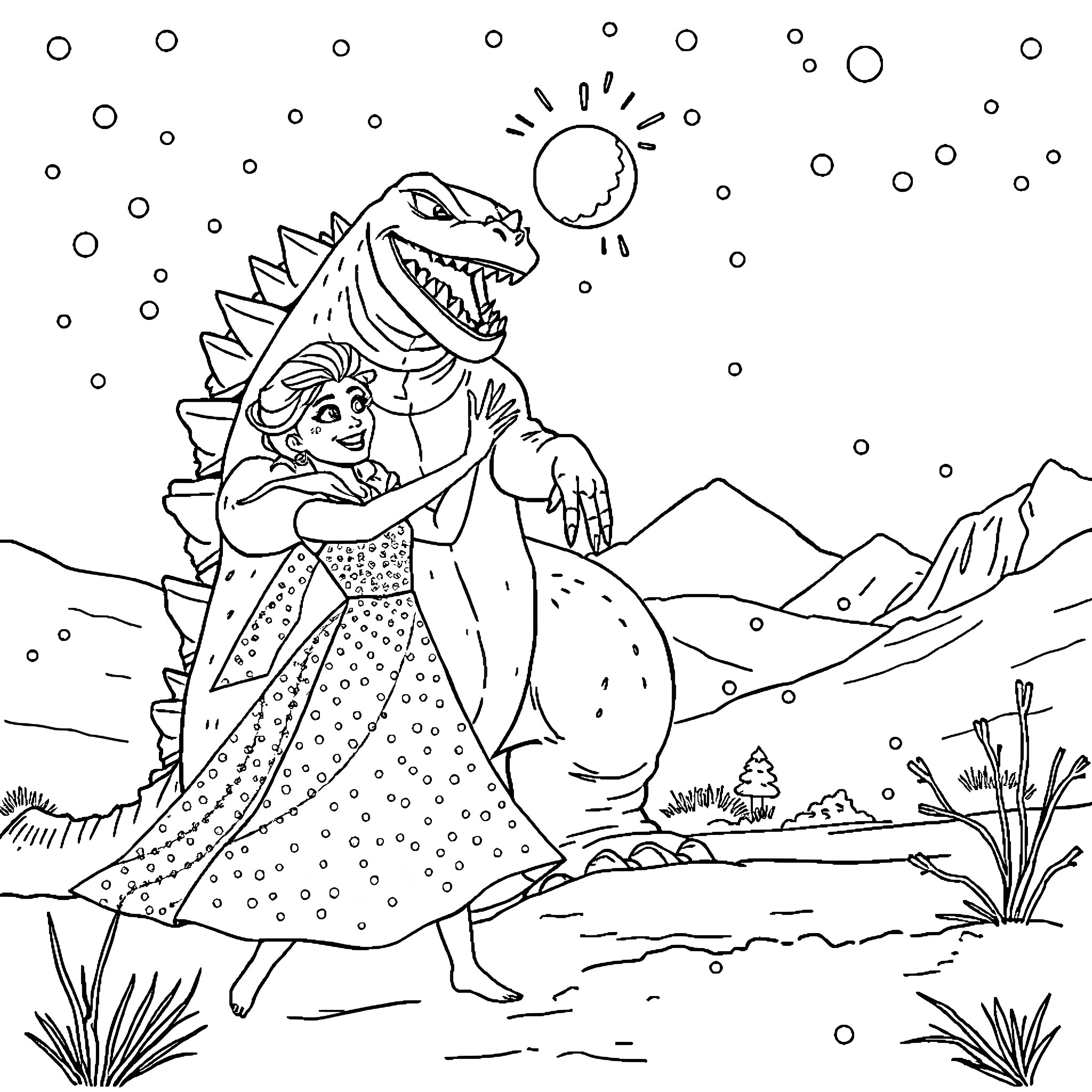 Elsa's Icy Adventure with a Friendly Dinosaur Coloring Page (free black-and-white line drawing printable PDF for all, from beginners to advanced learners, including children, teens, adults, and seniors)