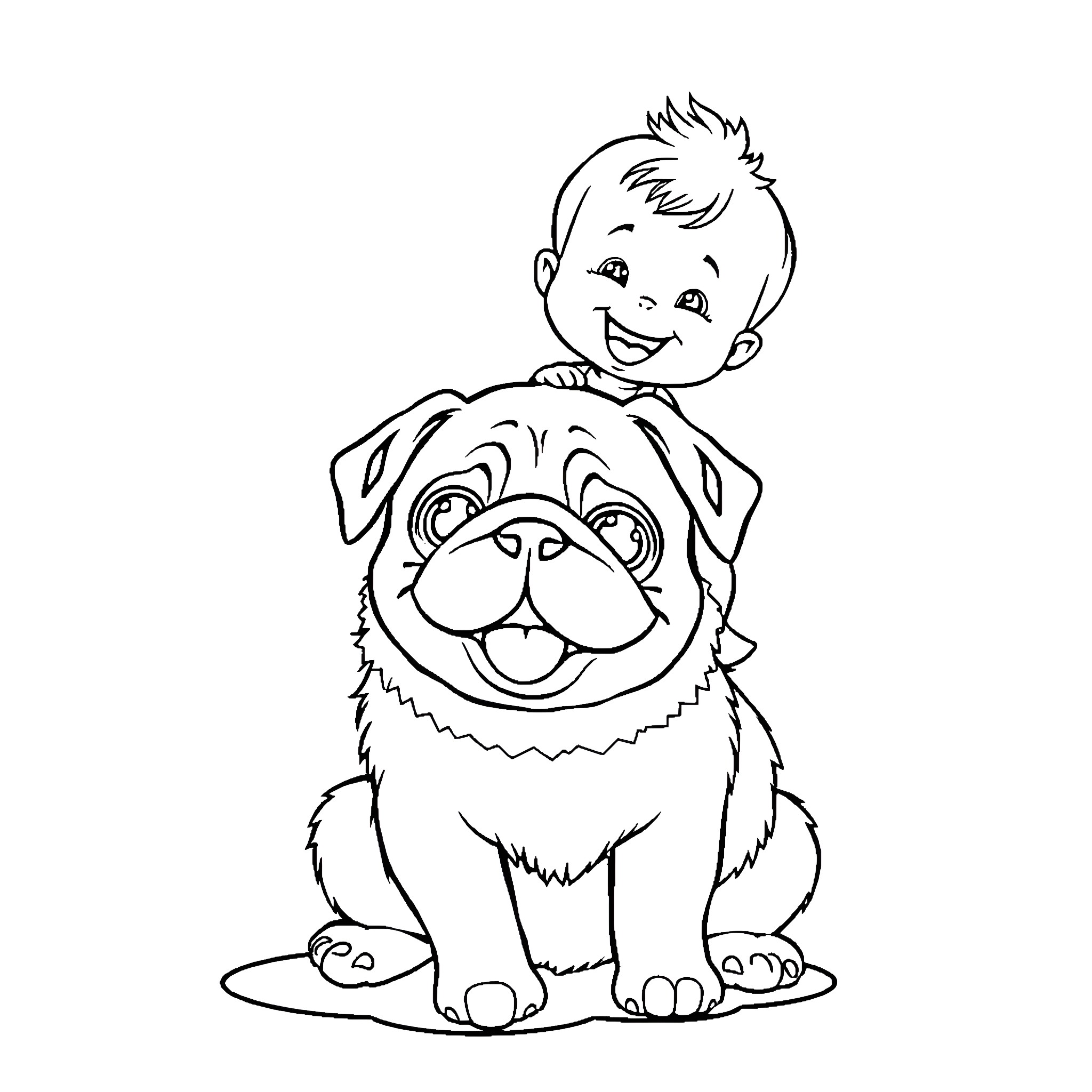 Baby playing happily with a friendly dog Coloring Page (free black-and-white line drawing printable PDF for all, from beginners to advanced learners, including children, teens, adults, and seniors)