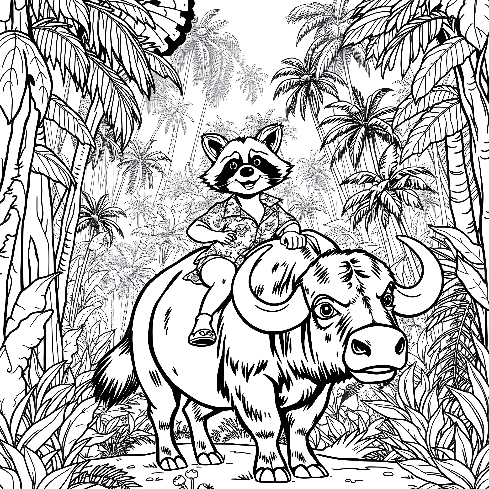Raccoon riding a water buffalo in the jungle Coloring Page (free black-and-white line drawing printable PDF for all, from beginners to advanced learners, including children, teens, adults, and seniors)