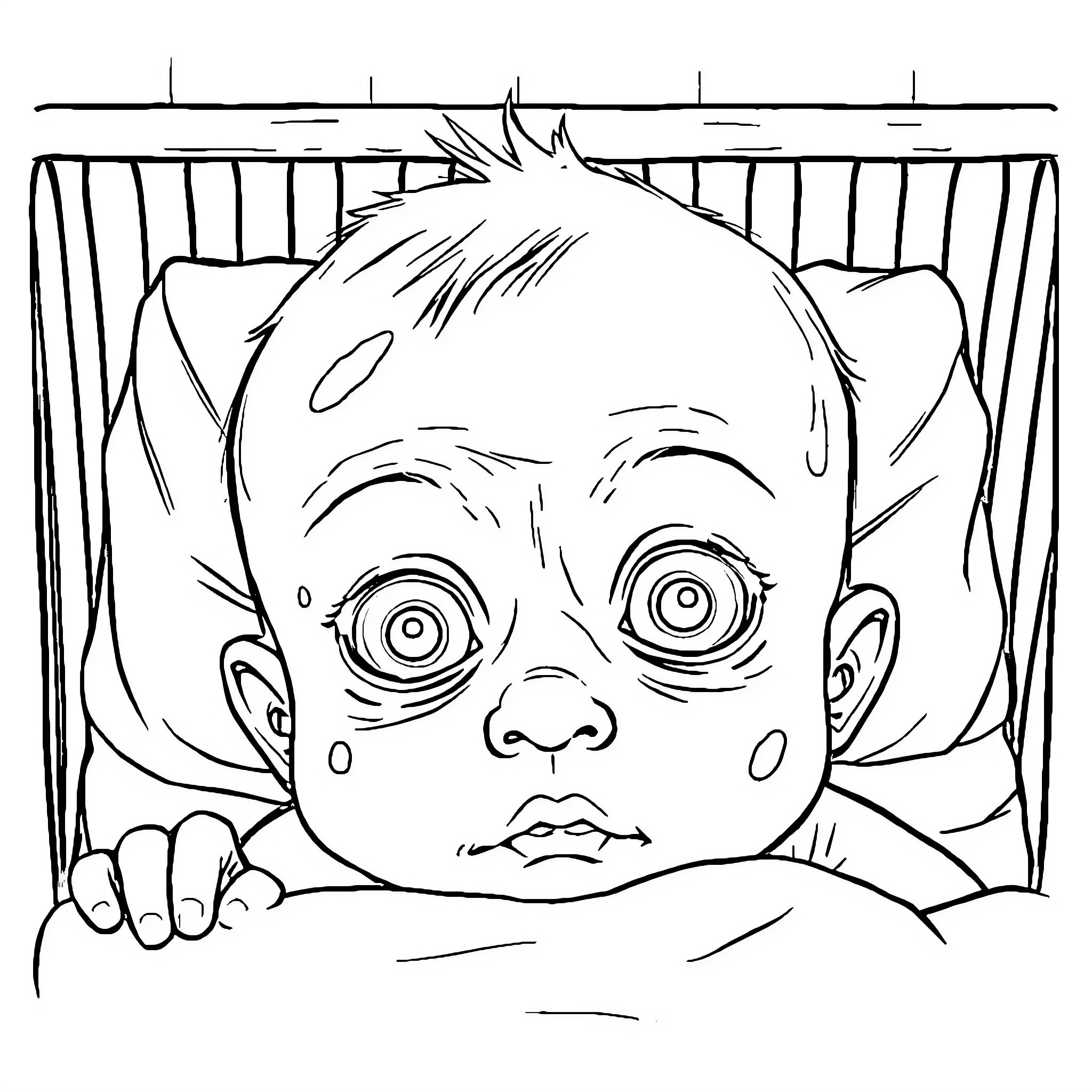 Baby peeking curiously from crib Coloring Page (free black-and-white line drawing printable PDF for all, from beginners to advanced learners, including children, teens, adults, and seniors)