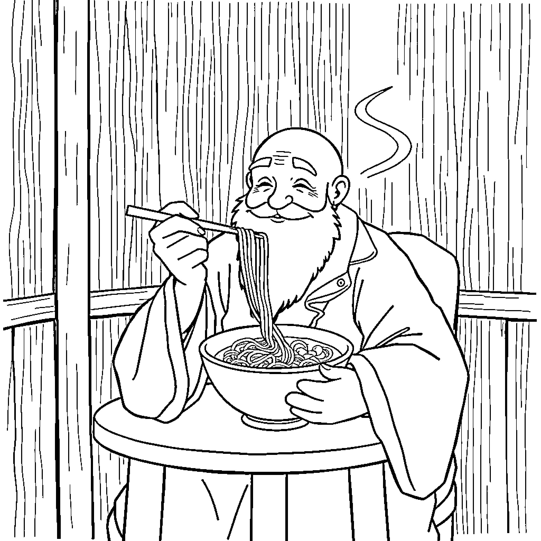 Rumi enjoying a warm meal in cozy surroundings Coloring Page (free black-and-white line drawing printable PDF for all, from beginners to advanced learners, including children, teens, adults, and seniors)
