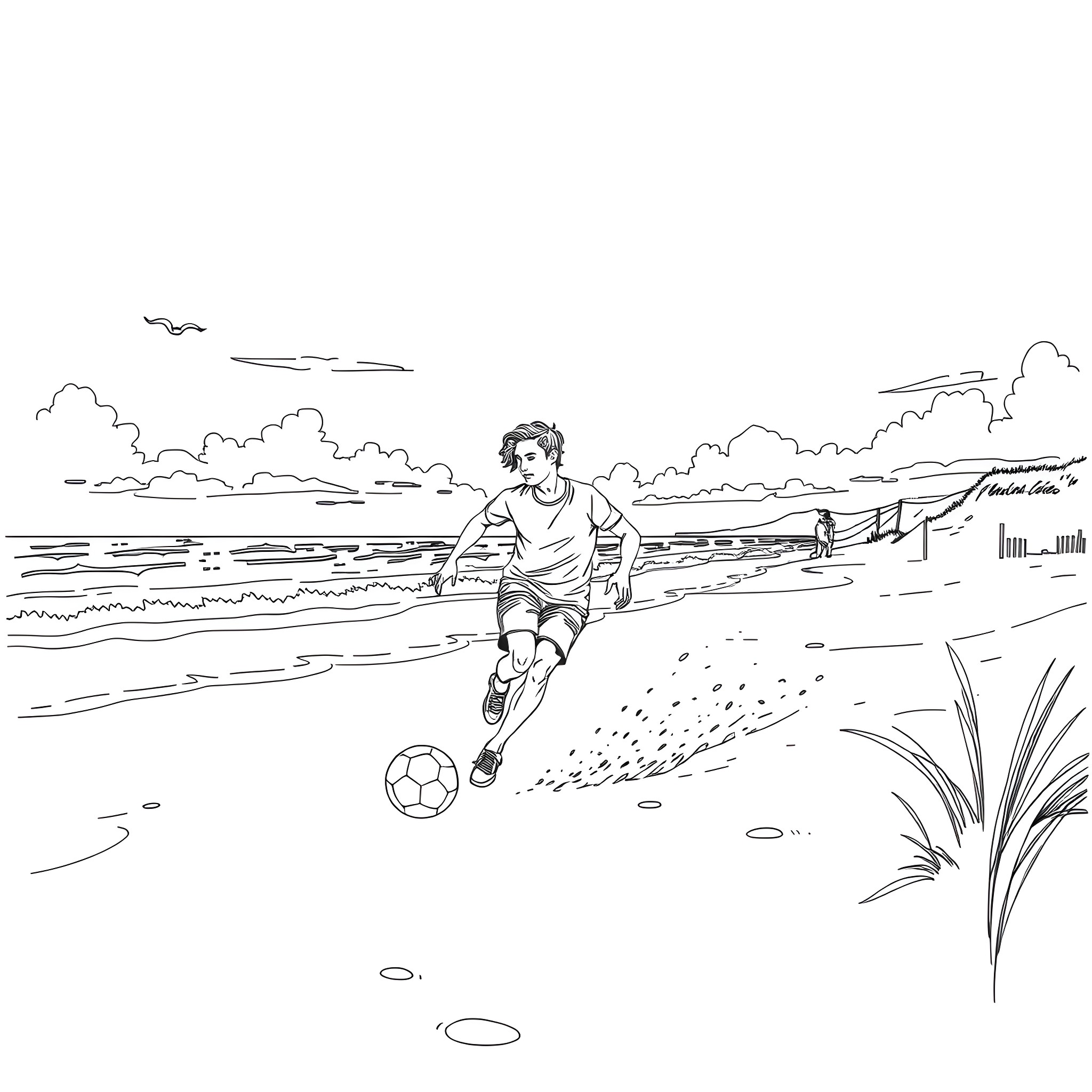 Guy playing soccer on the beach Coloring Page (free black-and-white line drawing printable PDF for all, from beginners to advanced learners, including children, teens, adults, and seniors)