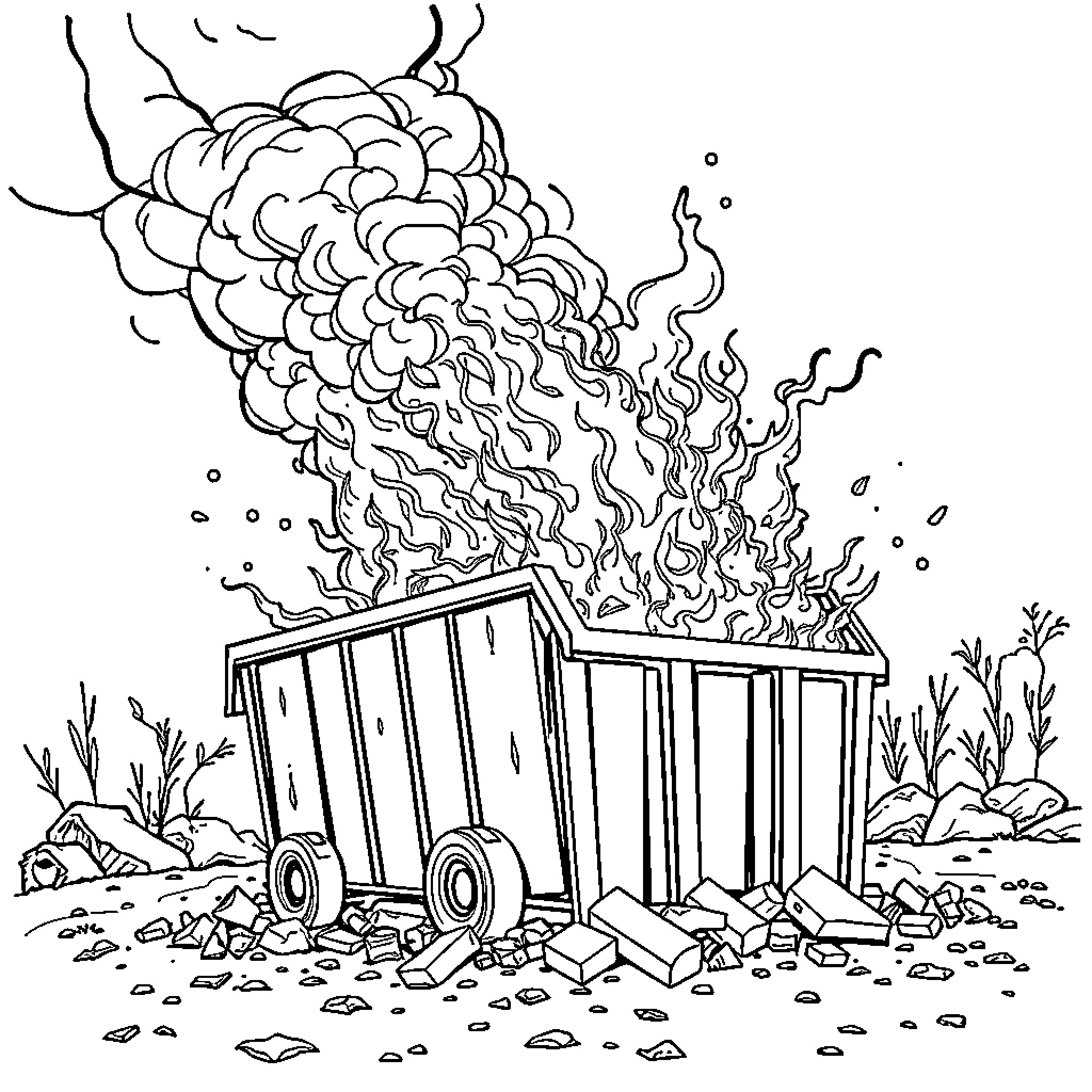 Dumpster engulfed in dramatic flames Coloring Page (free black-and-white line drawing printable PDF for all, from beginners to advanced learners, including children, teens, adults, and seniors)