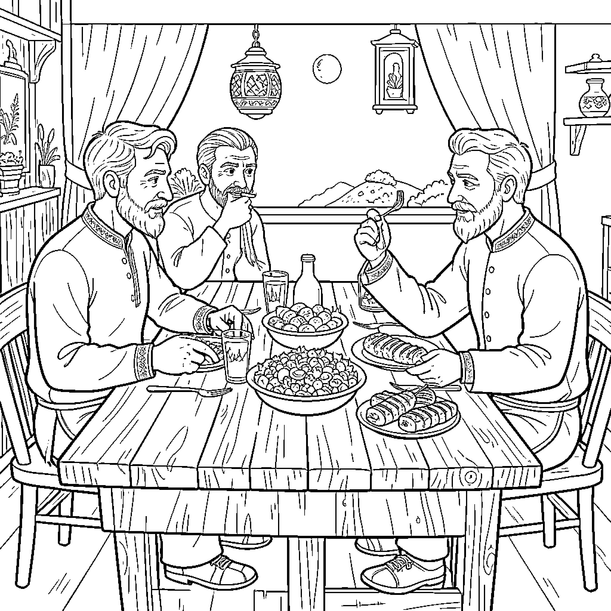 Men enjoying traditional meal together in cozy cabin Coloring Page (free black-and-white line drawing printable PDF for all, from beginners to advanced learners, including children, teens, adults, and seniors)