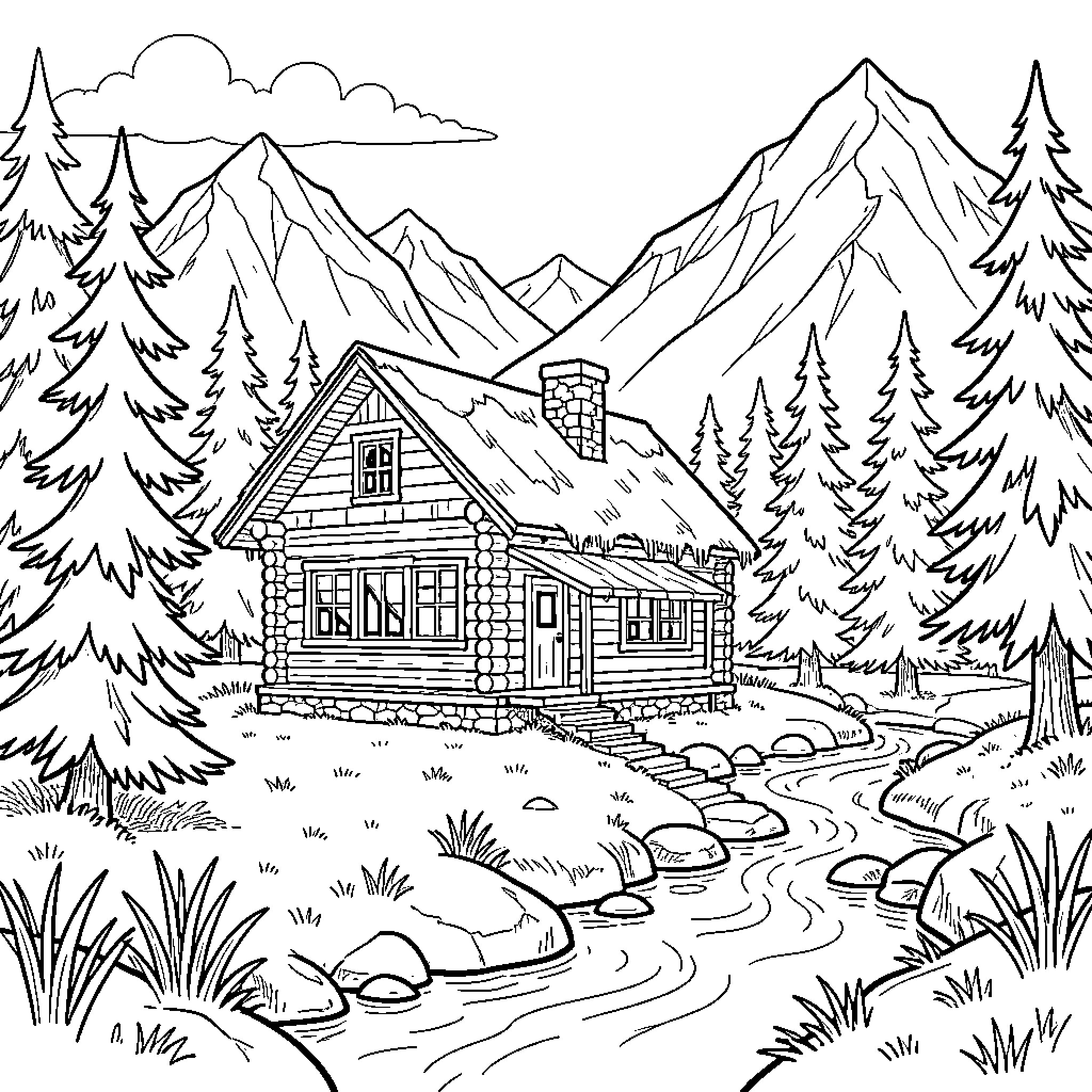 Log Cabin nestled in a mountain landscape with a stream Coloring Page (free black-and-white line drawing printable PDF for all, from beginners to advanced learners, including children, teens, adults, and seniors)