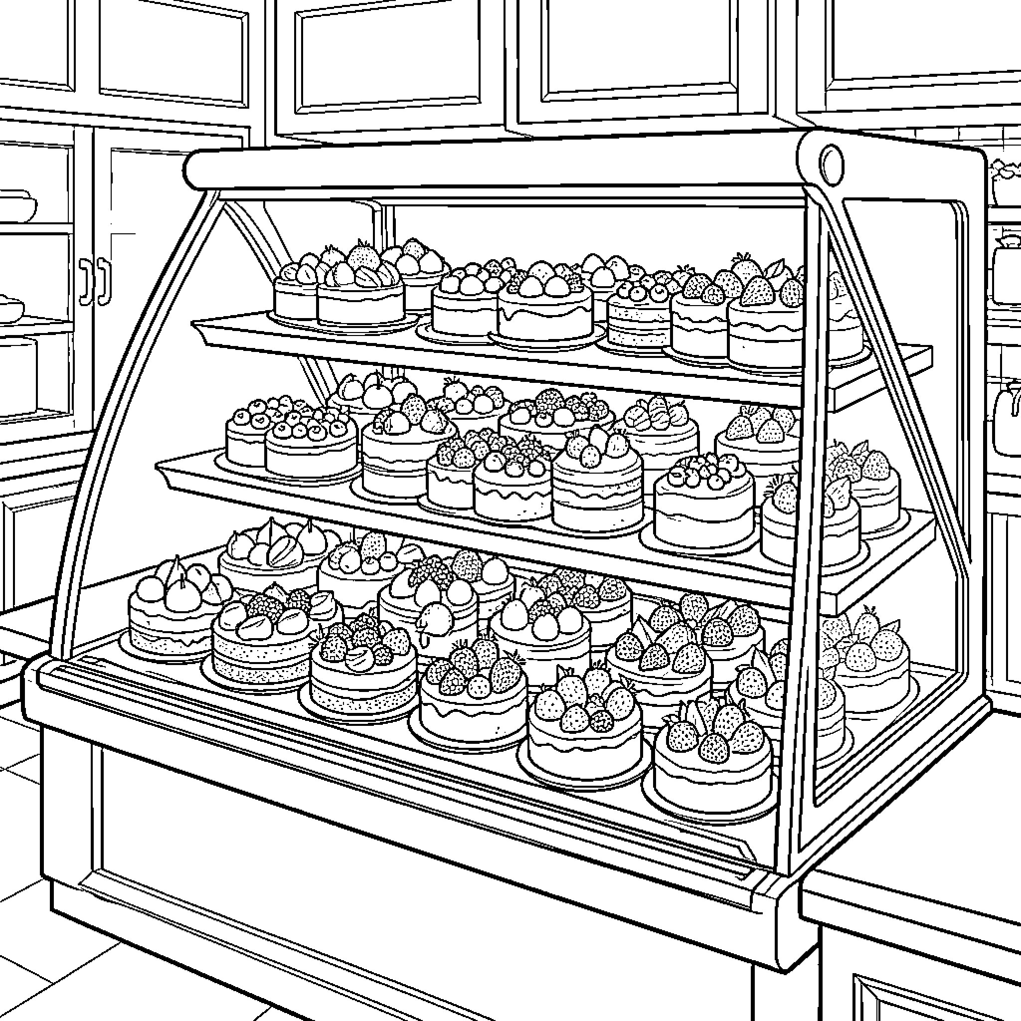 Pastel Cakes Displayed in a Bakery Display Case Coloring Page (free black-and-white line drawing printable PDF for all, from beginners to advanced learners, including children, teens, adults, and seniors)