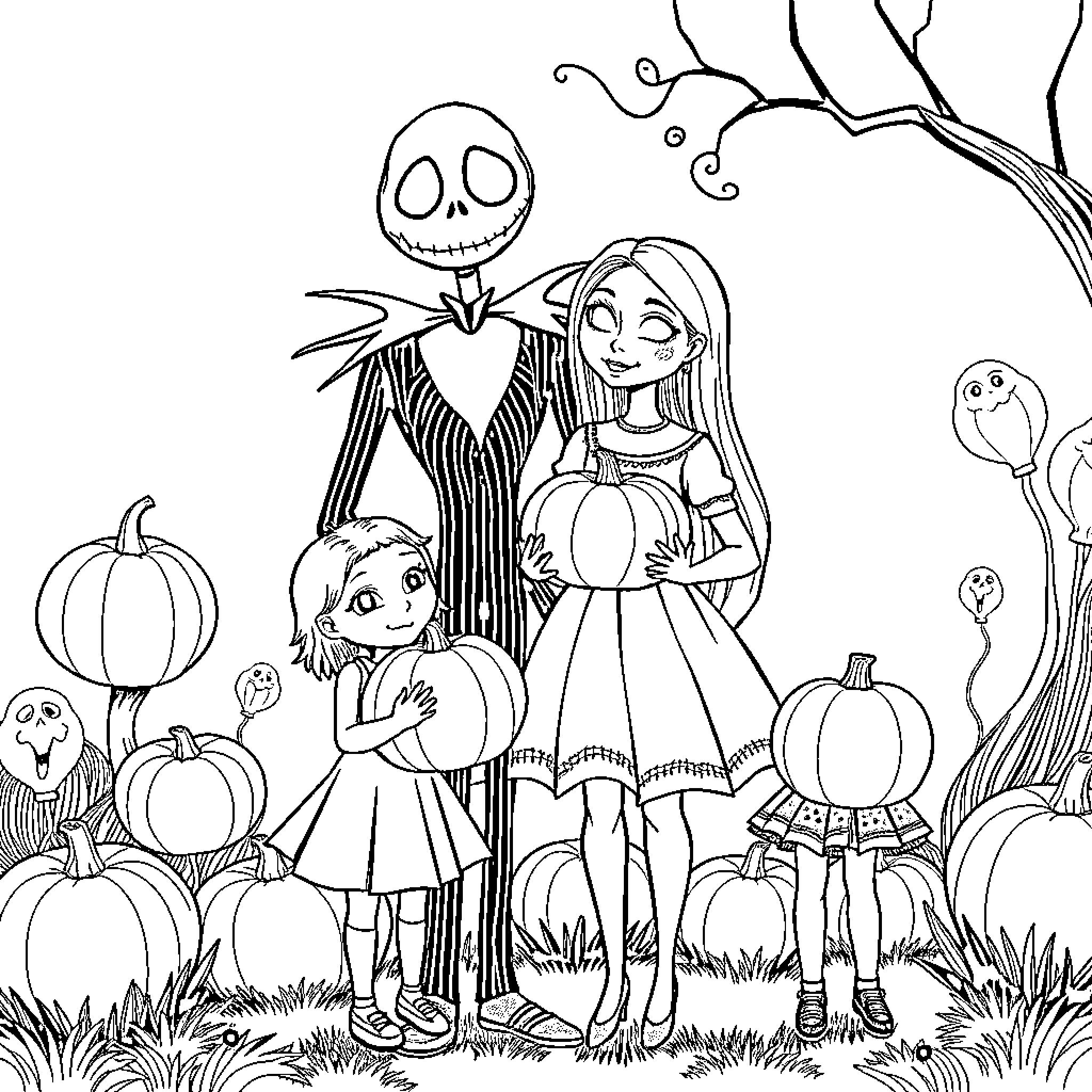 Jack Skellington and friends in a spooky autumn scene Coloring Page (free black-and-white line drawing printable PDF for all, from beginners to advanced learners, including children, teens, adults, and seniors)