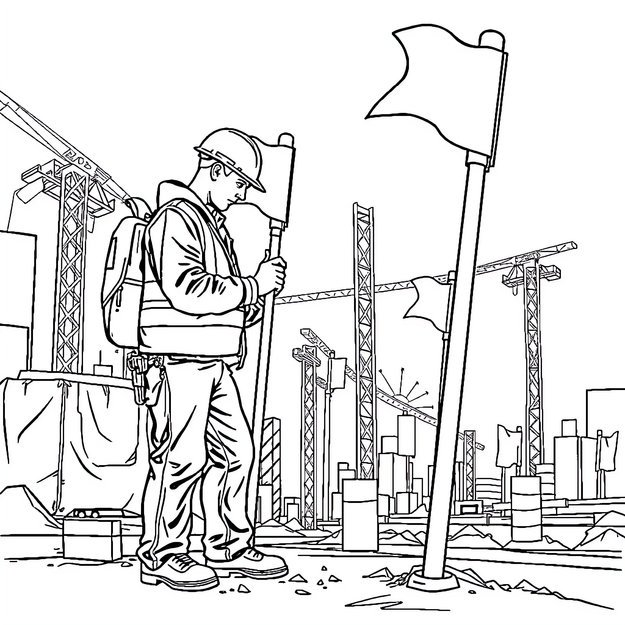 Utility Locator Inspecting Construction Site Coloring Page (free black-and-white line drawing printable PDF for all, from beginners to advanced learners, including children, teens, adults, and seniors)