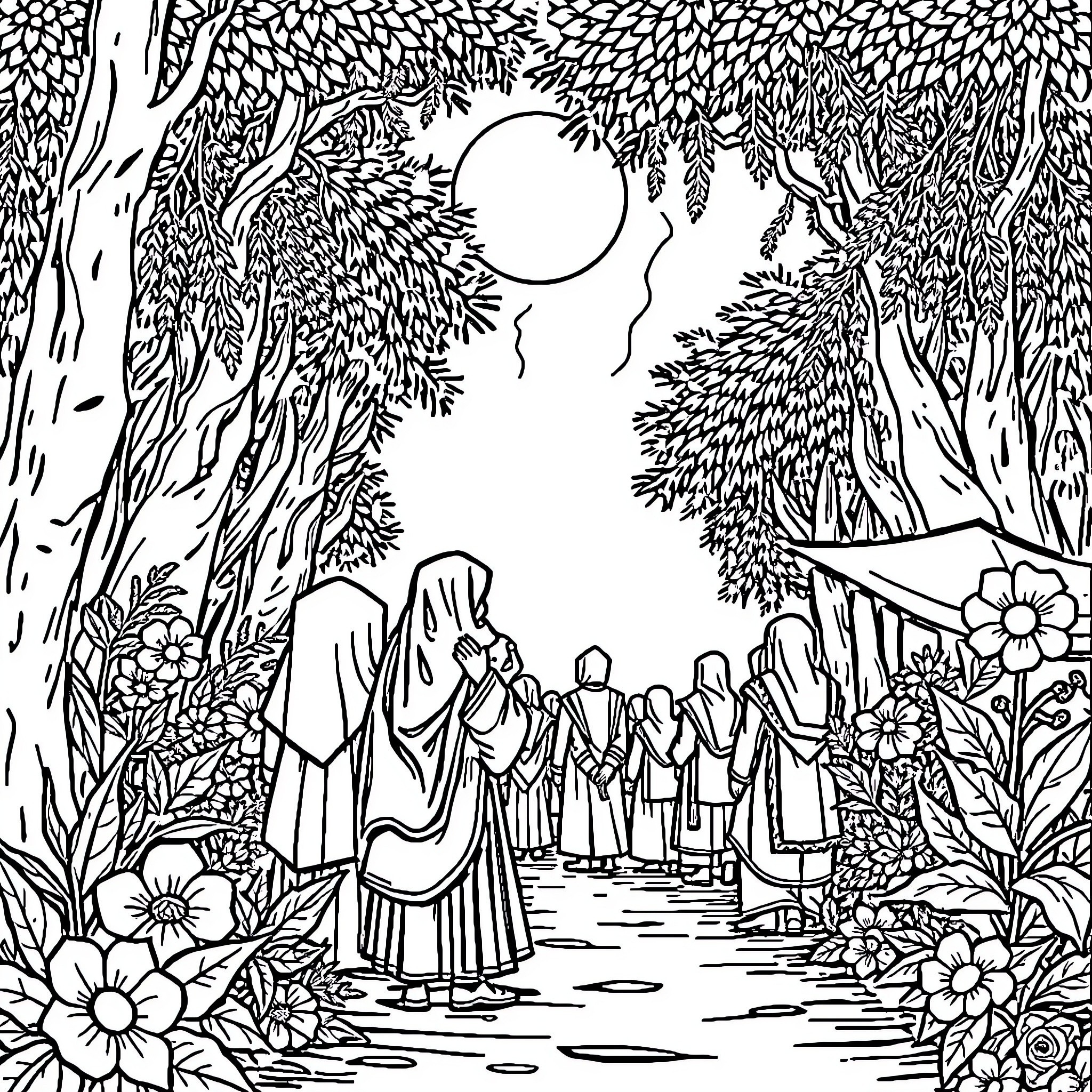 Culture of Devotion and Community in a Pastoral Landscape Coloring Page (free black-and-white line drawing printable PDF for all, from beginners to advanced learners, including children, teens, adults, and seniors)