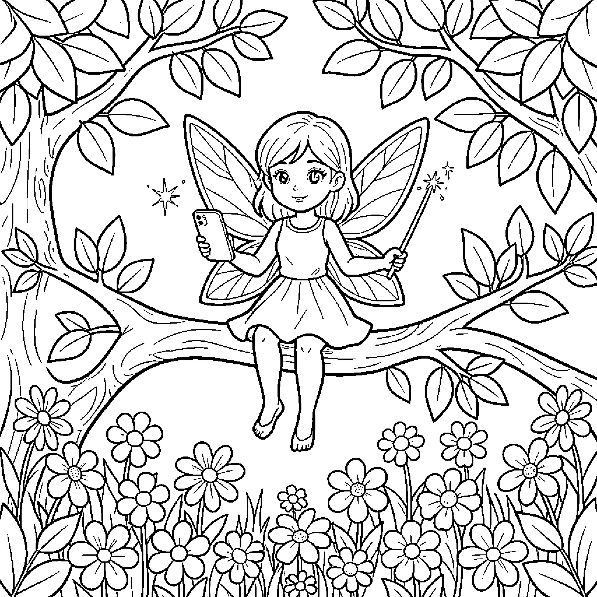 Fairy Girl Playing with Flowers in the Forest Coloring Page (free black-and-white line drawing printable PDF for all, from beginners to advanced learners, including children, teens, adults, and seniors)