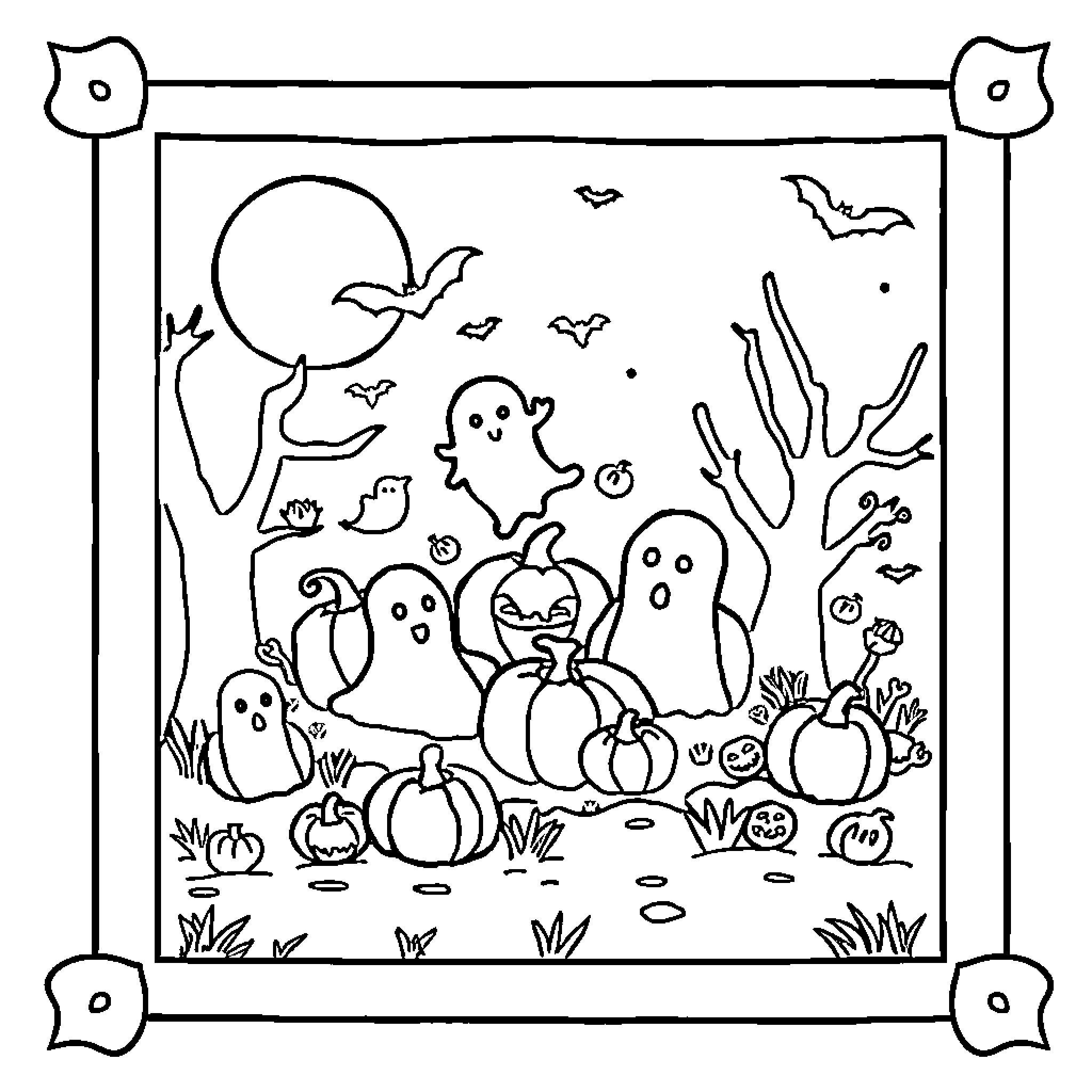 Halloween Ghosts and Pumpkins in a Spooky Scene Coloring Page (free black-and-white line drawing printable PDF for all, from beginners to advanced learners, including children, teens, adults, and seniors)