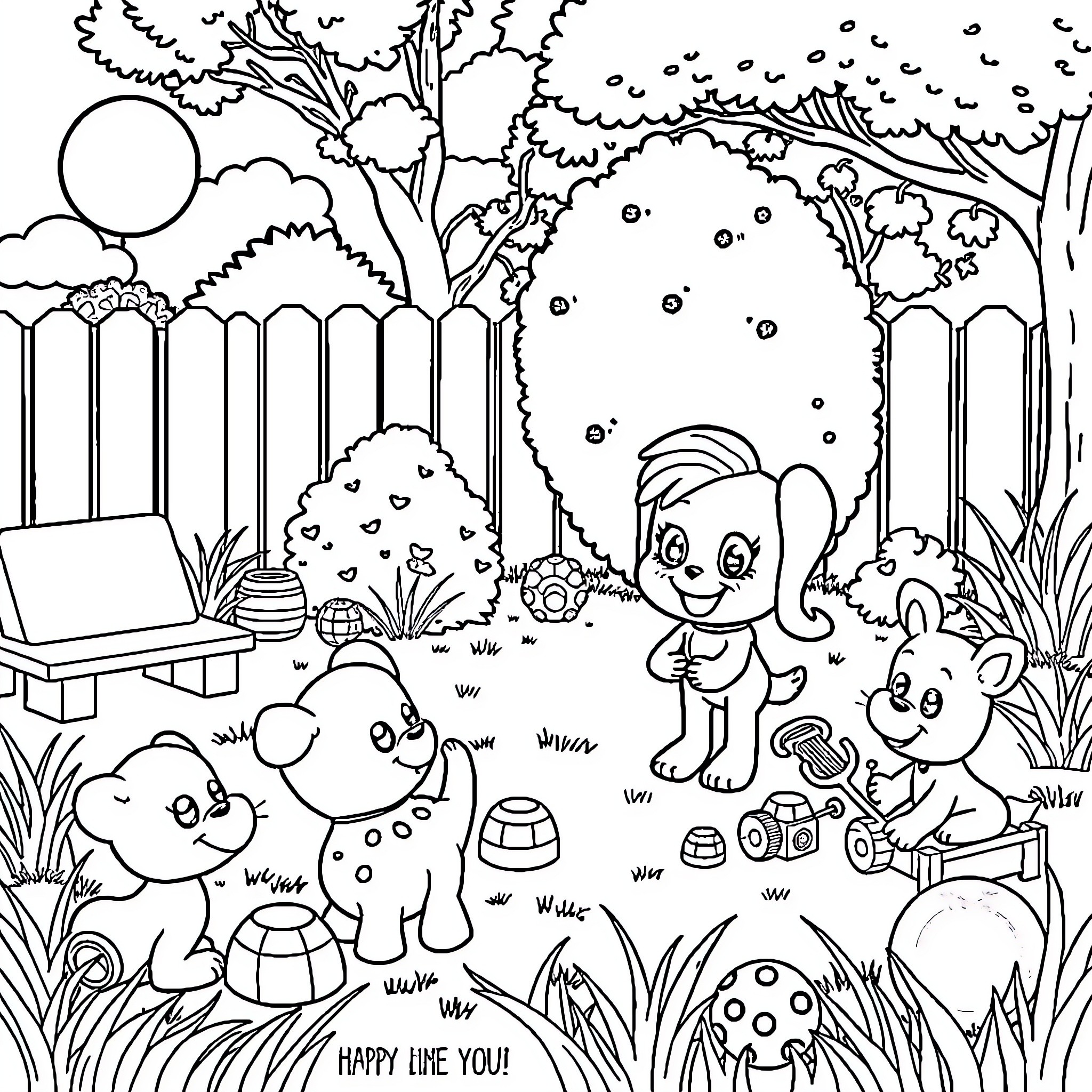 Bluey's Outdoor Adventure with Friends Coloring Page (free black-and-white line drawing printable PDF for all, from beginners to advanced learners, including children, teens, adults, and seniors)