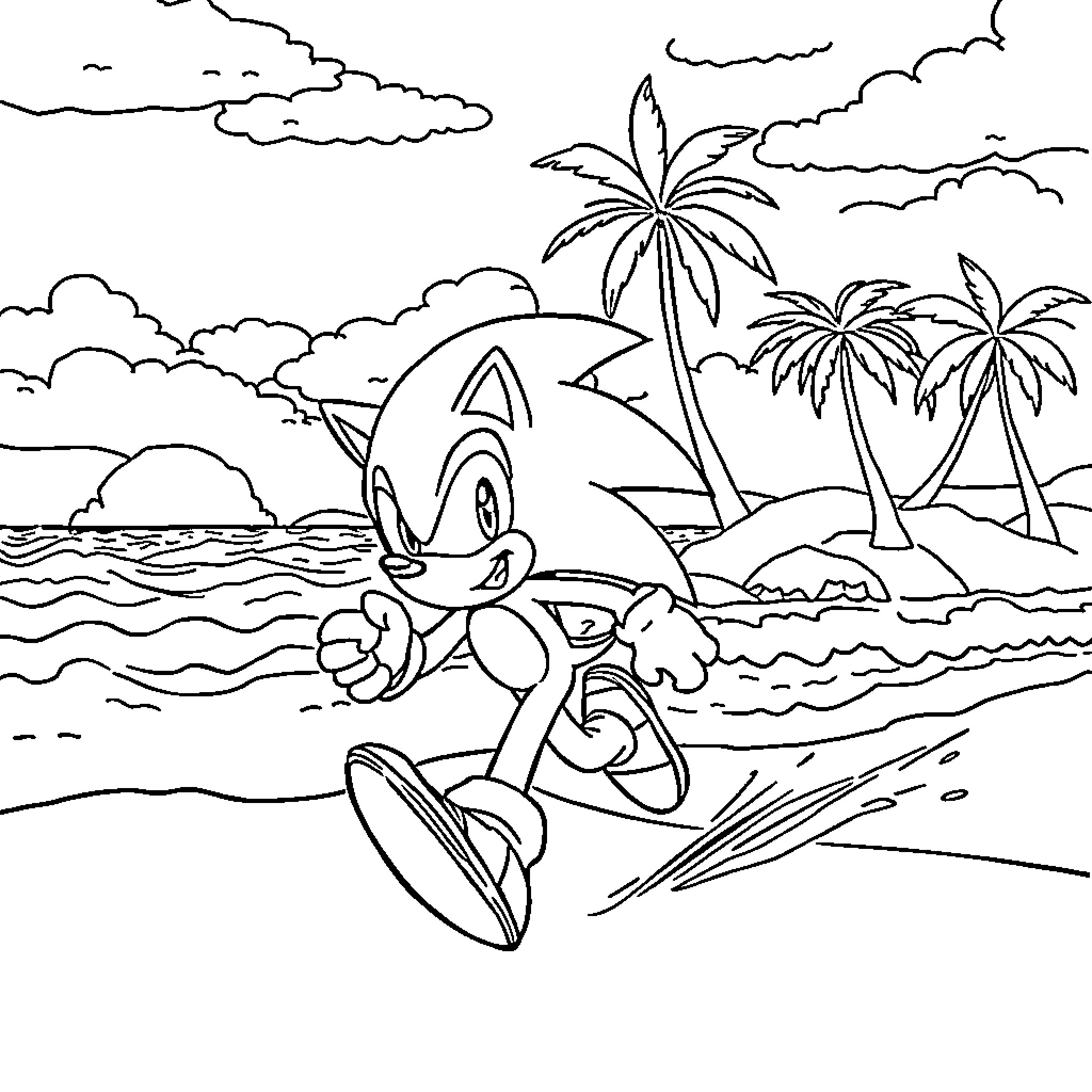 Sonic's Beach Adventure Coloring Page (free black-and-white line drawing printable PDF for all, from beginners to advanced learners, including children, teens, adults, and seniors)