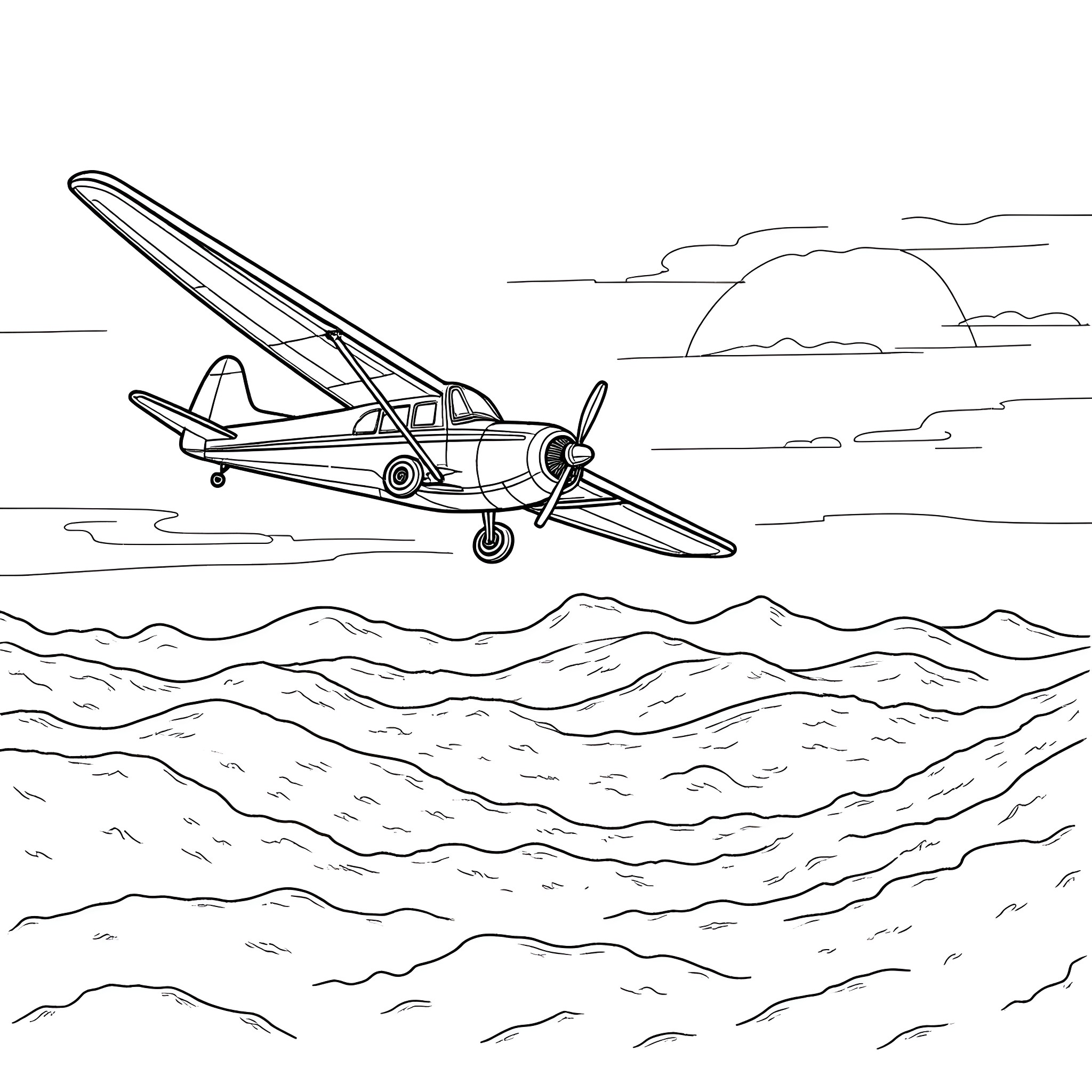 Bush Plane soaring over the ocean at sunset Coloring Page (free black-and-white line drawing printable PDF for all, from beginners to advanced learners, including children, teens, adults, and seniors)