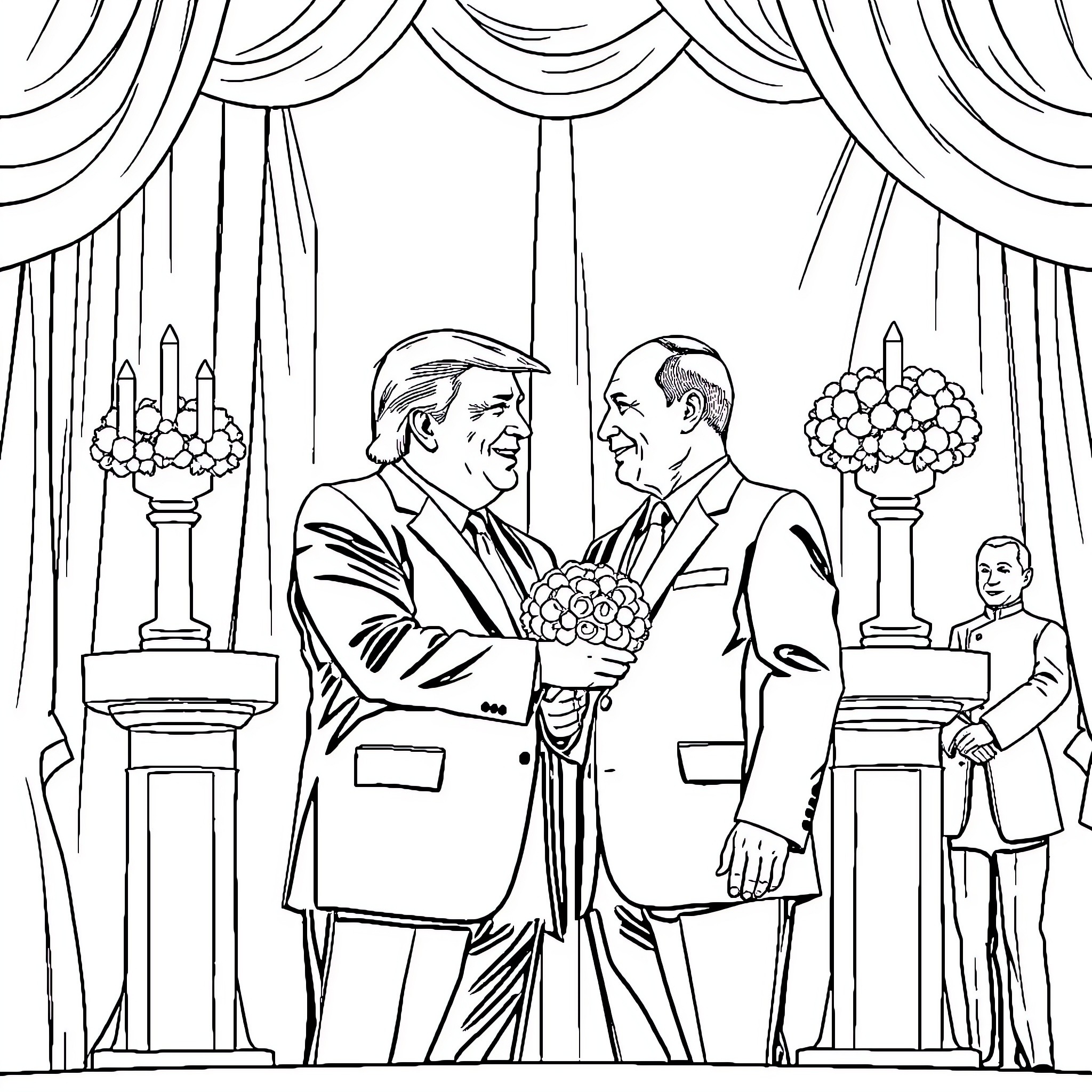 Donald Trump and Putin in formal attire on stage Coloring Page (free black-and-white line drawing printable PDF for all, from beginners to advanced learners, including children, teens, adults, and seniors)