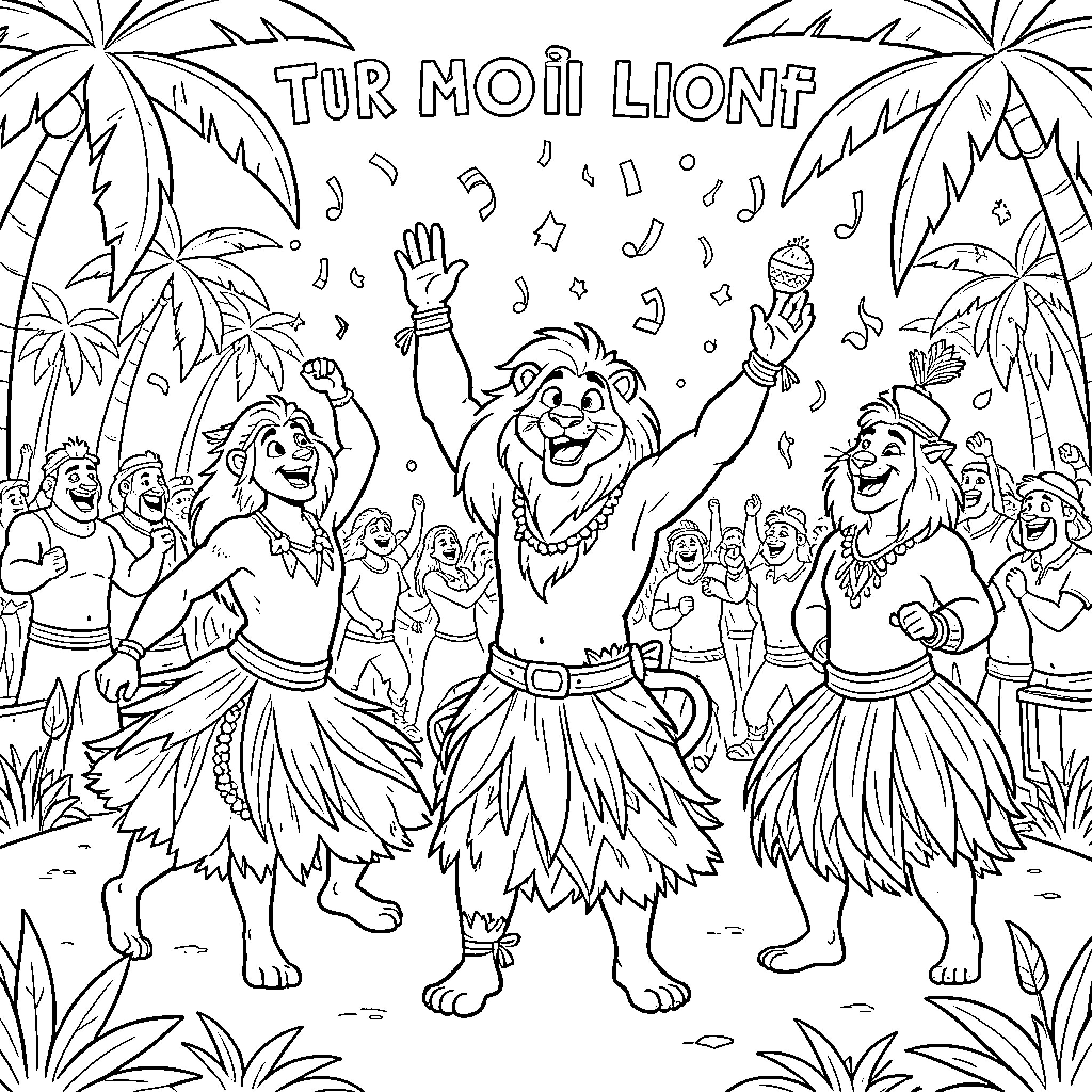 Lion dancing joyfully with friends in a tropical setting Coloring Page (free black-and-white line drawing printable PDF for all, from beginners to advanced learners, including children, teens, adults, and seniors)