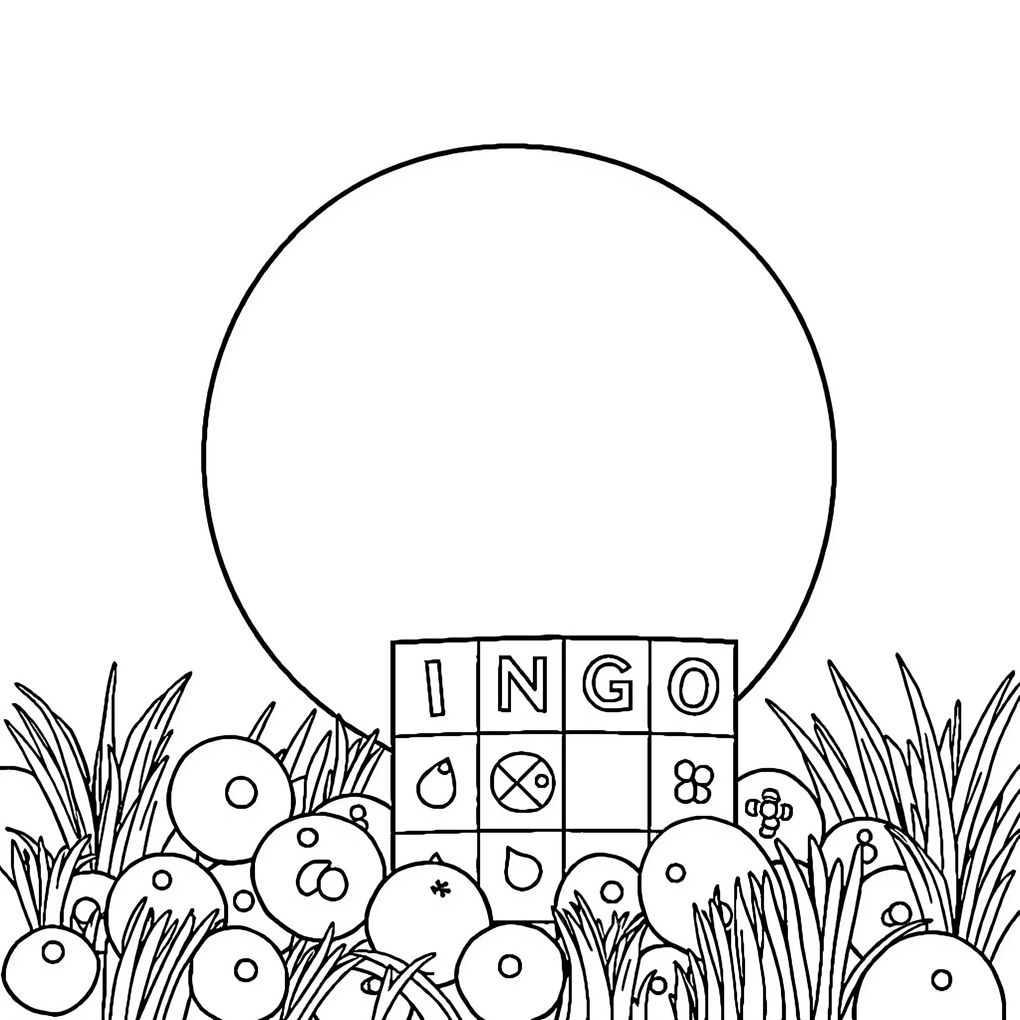 Blue Bingo Game Night in Nature Coloring Page (free black-and-white line drawing printable PDF for all, from beginners to advanced learners, including children, teens, adults, and seniors)