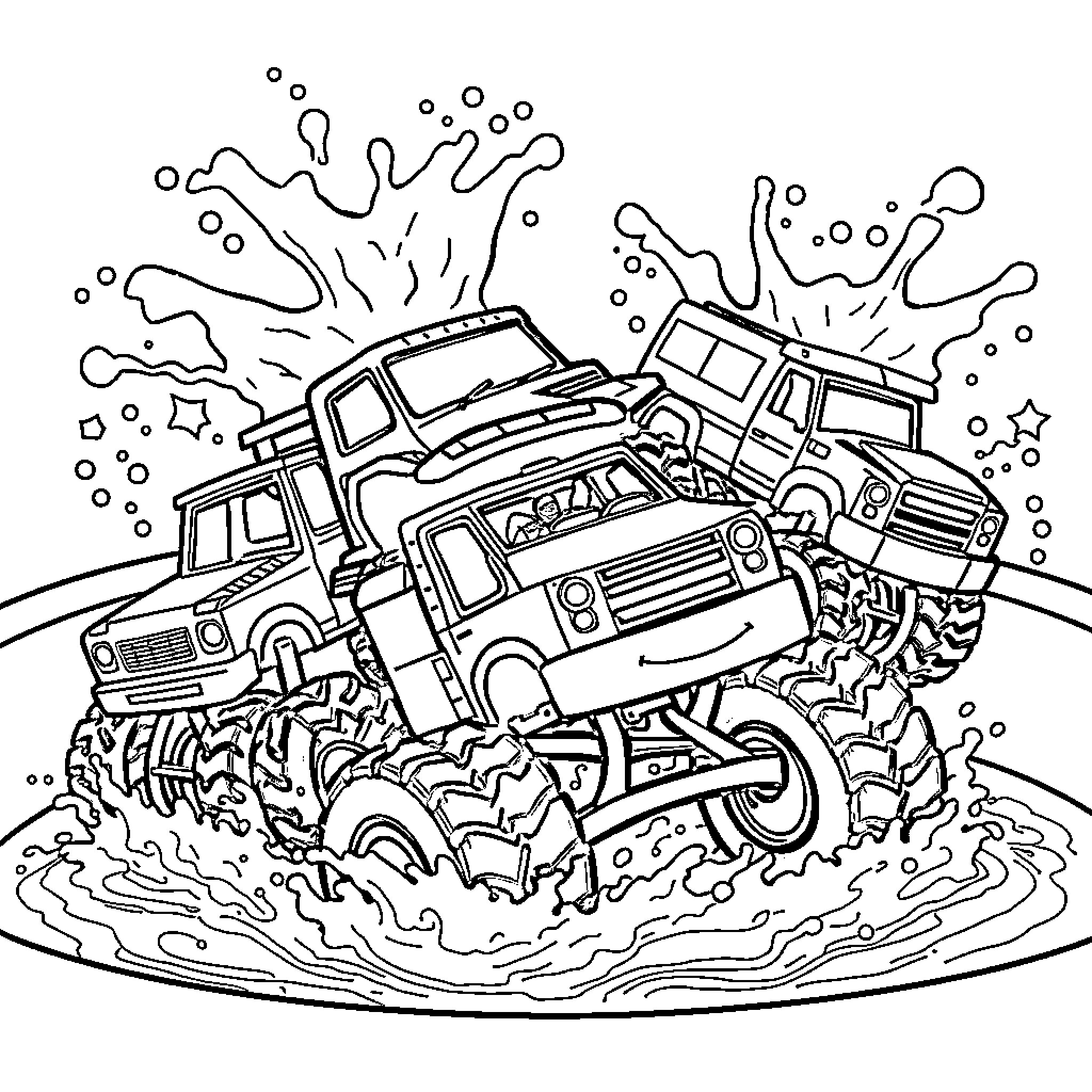 Monster Trucks Crushing Through Muddy Terrain Coloring Page (free black-and-white line drawing printable PDF for all, from beginners to advanced learners, including children, teens, adults, and seniors)