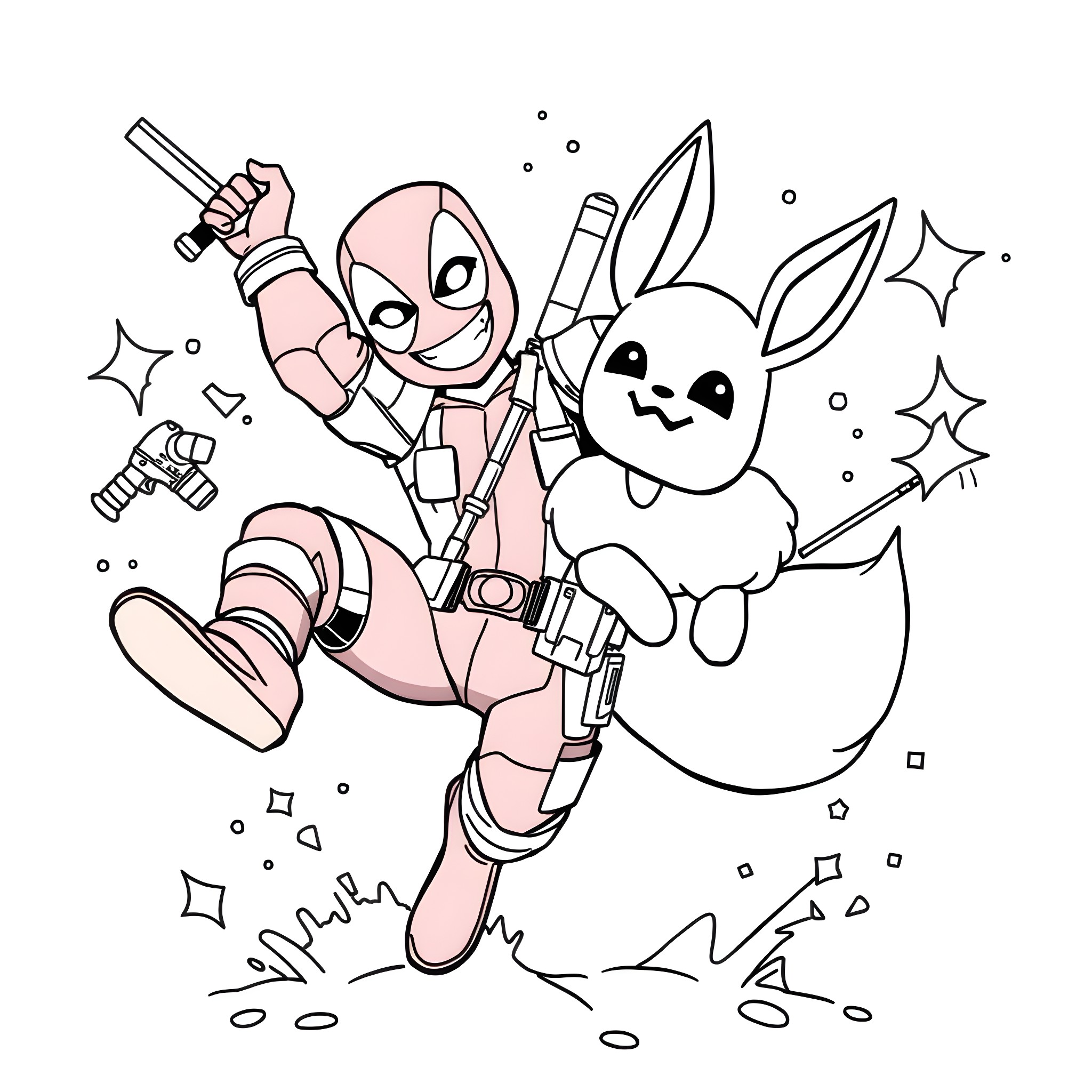 Deadpool's Whimsical Adventure with Bunny Companion Coloring Page (free black-and-white line drawing printable PDF for all, from beginners to advanced learners, including children, teens, adults, and seniors)