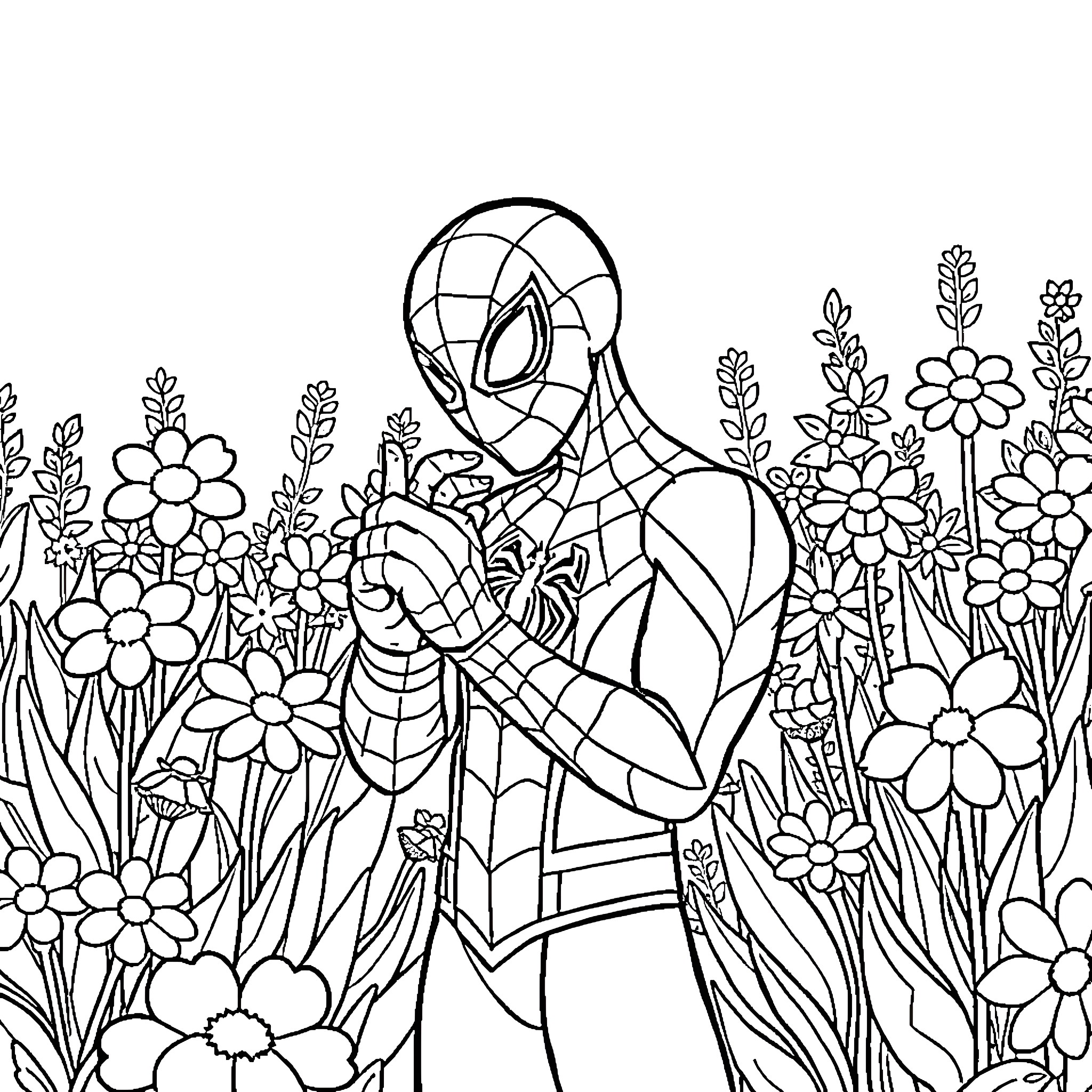 Spiderman exploring a flowery garden Coloring Page (free black-and-white line drawing printable PDF for all, from beginners to advanced learners, including children, teens, adults, and seniors)