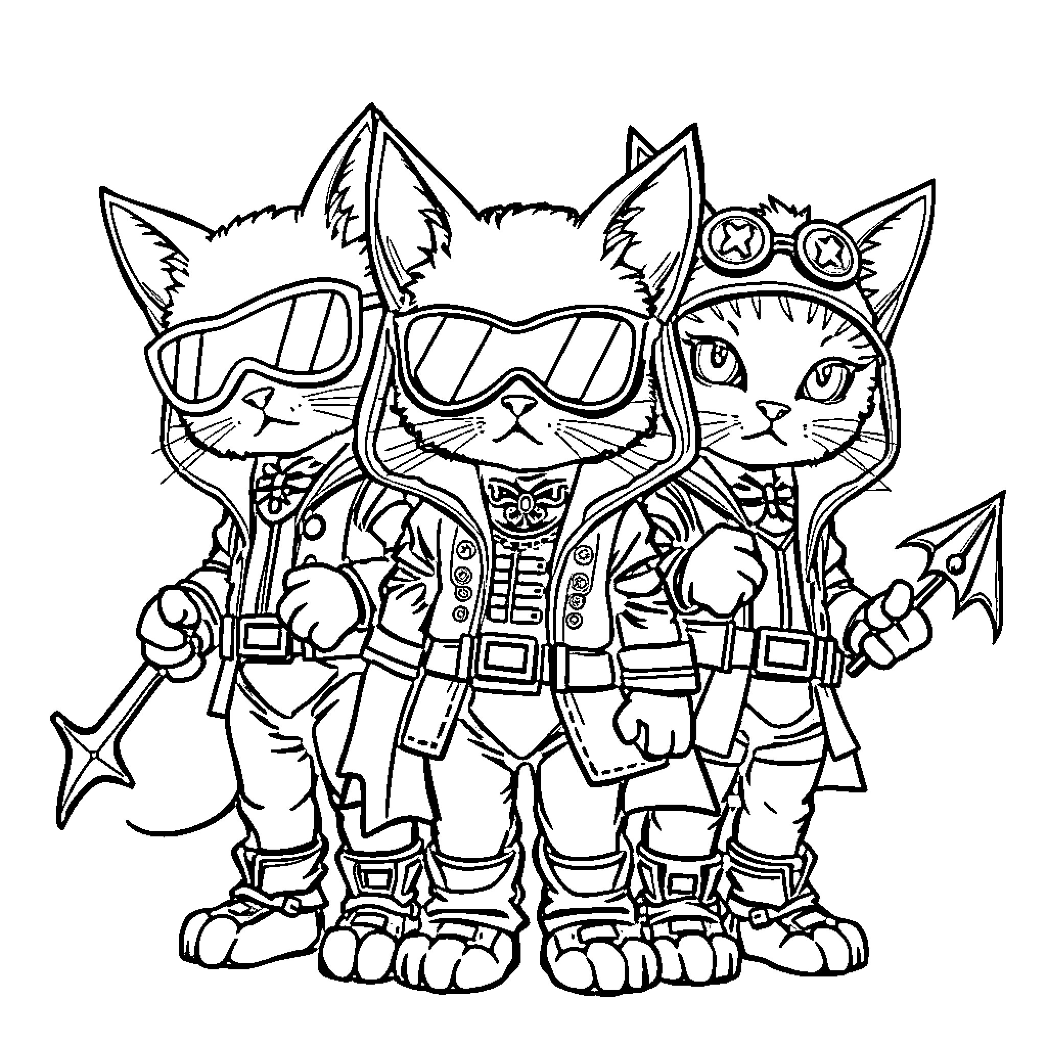 Superkitties: Heroic Felines in Stylish Outfits Coloring Page (free black-and-white line drawing printable PDF for all, from beginners to advanced learners, including children, teens, adults, and seniors)