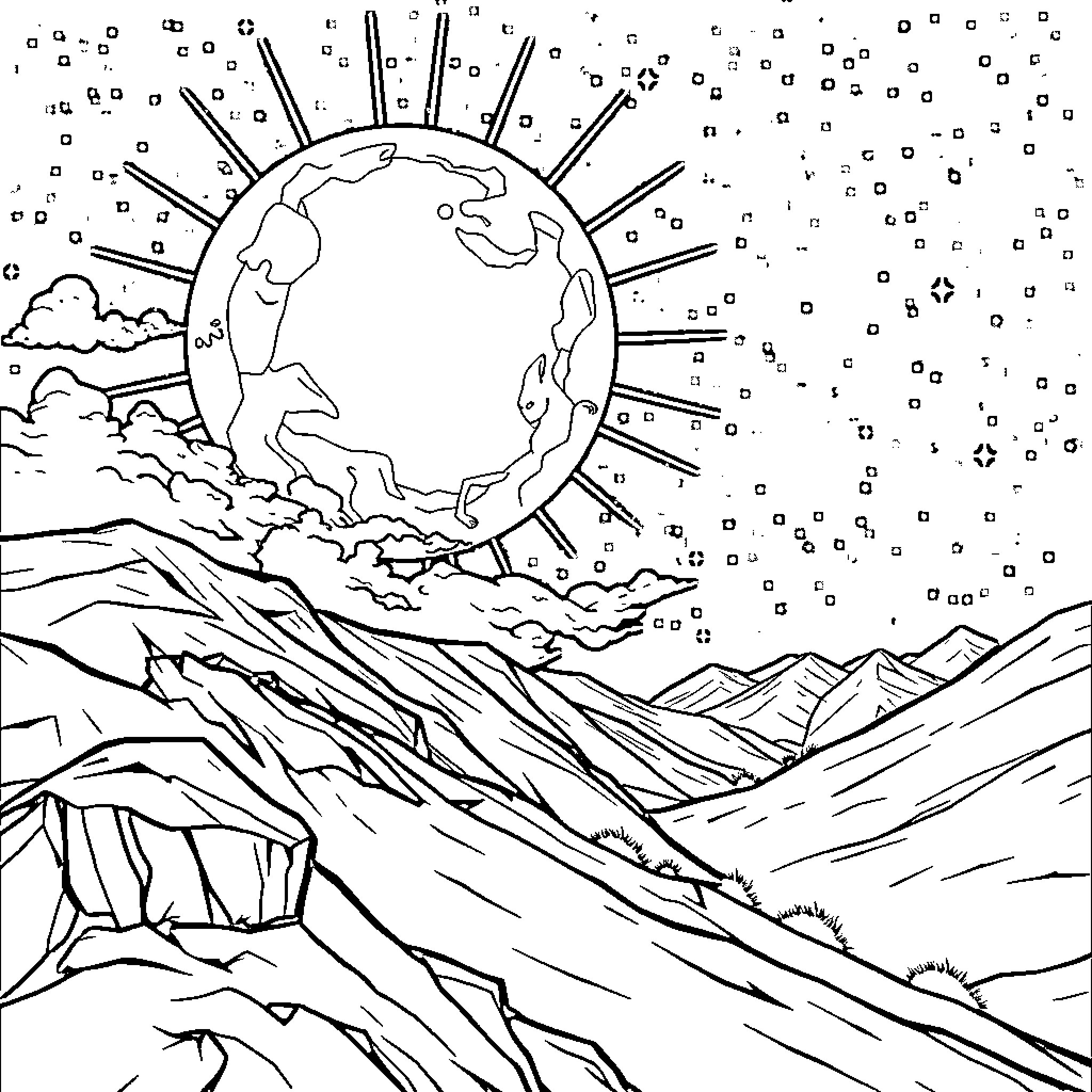 Mountain landscape with the Earth in the sky Coloring Page (free black-and-white line drawing printable PDF for all, from beginners to advanced learners, including children, teens, adults, and seniors)