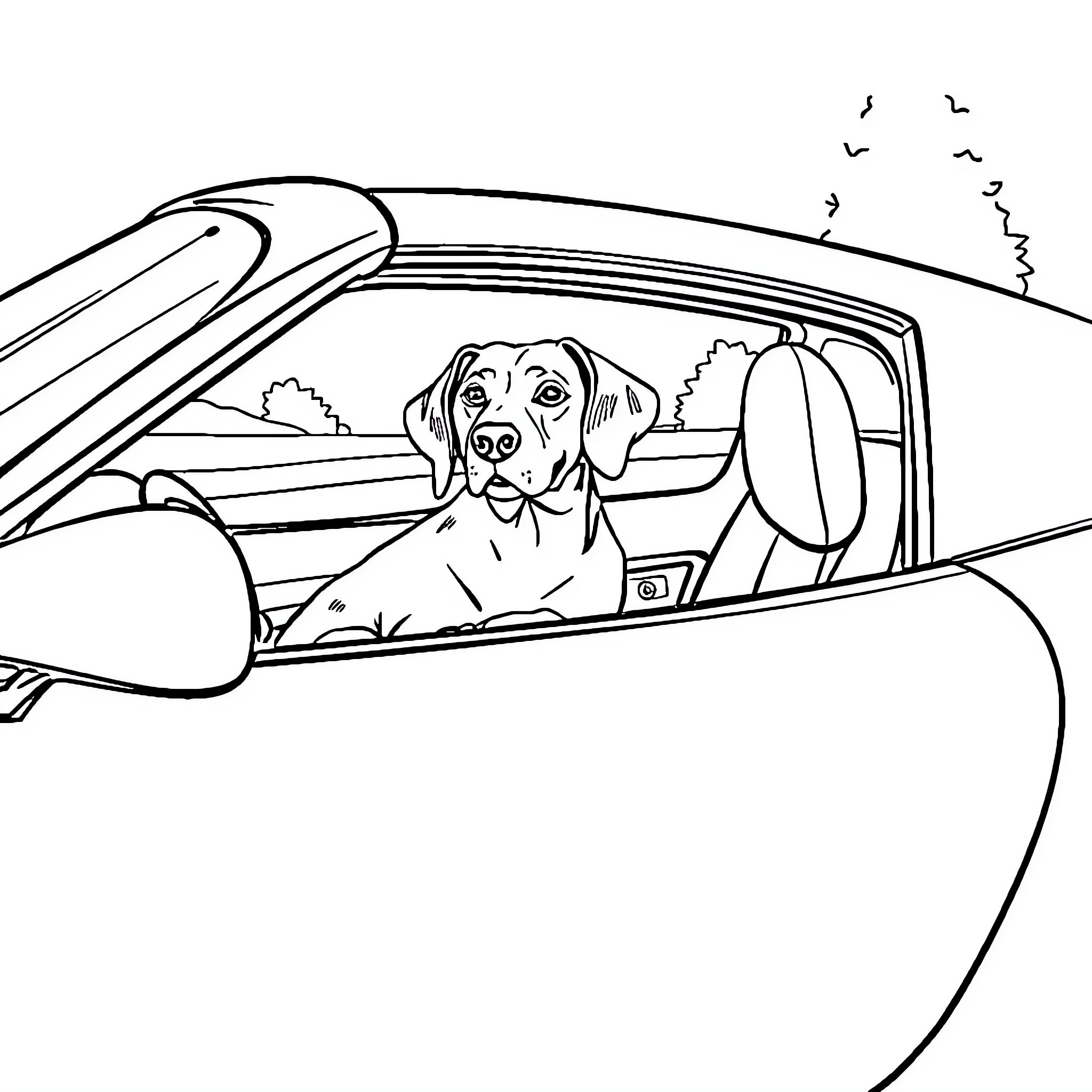 Tvr Tuscan dog riding in convertible car Coloring Page (free black-and-white line drawing printable PDF for all, from beginners to advanced learners, including children, teens, adults, and seniors)