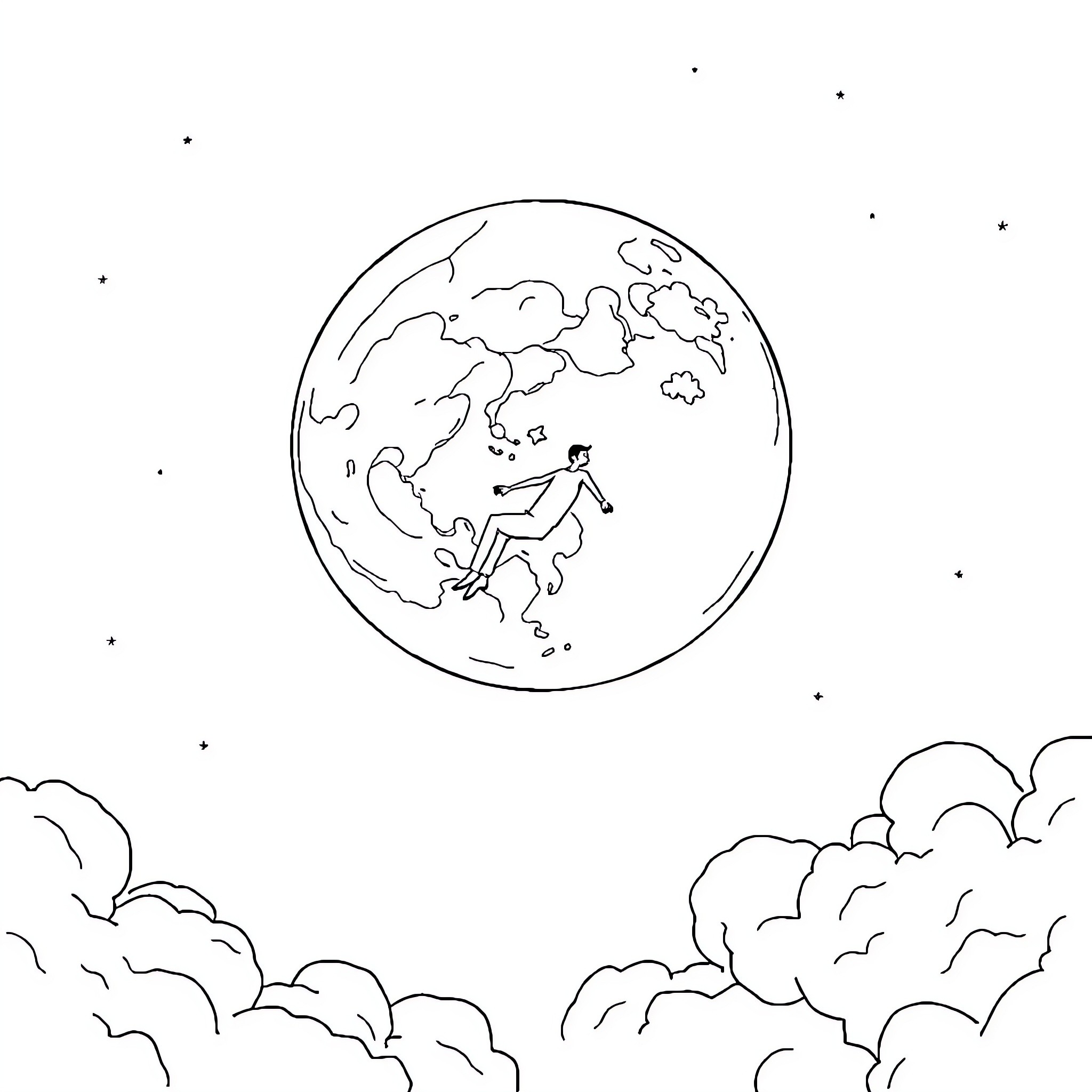 Man floating in space above the Earth Coloring Page (free black-and-white line drawing printable PDF for all, from beginners to advanced learners, including children, teens, adults, and seniors)