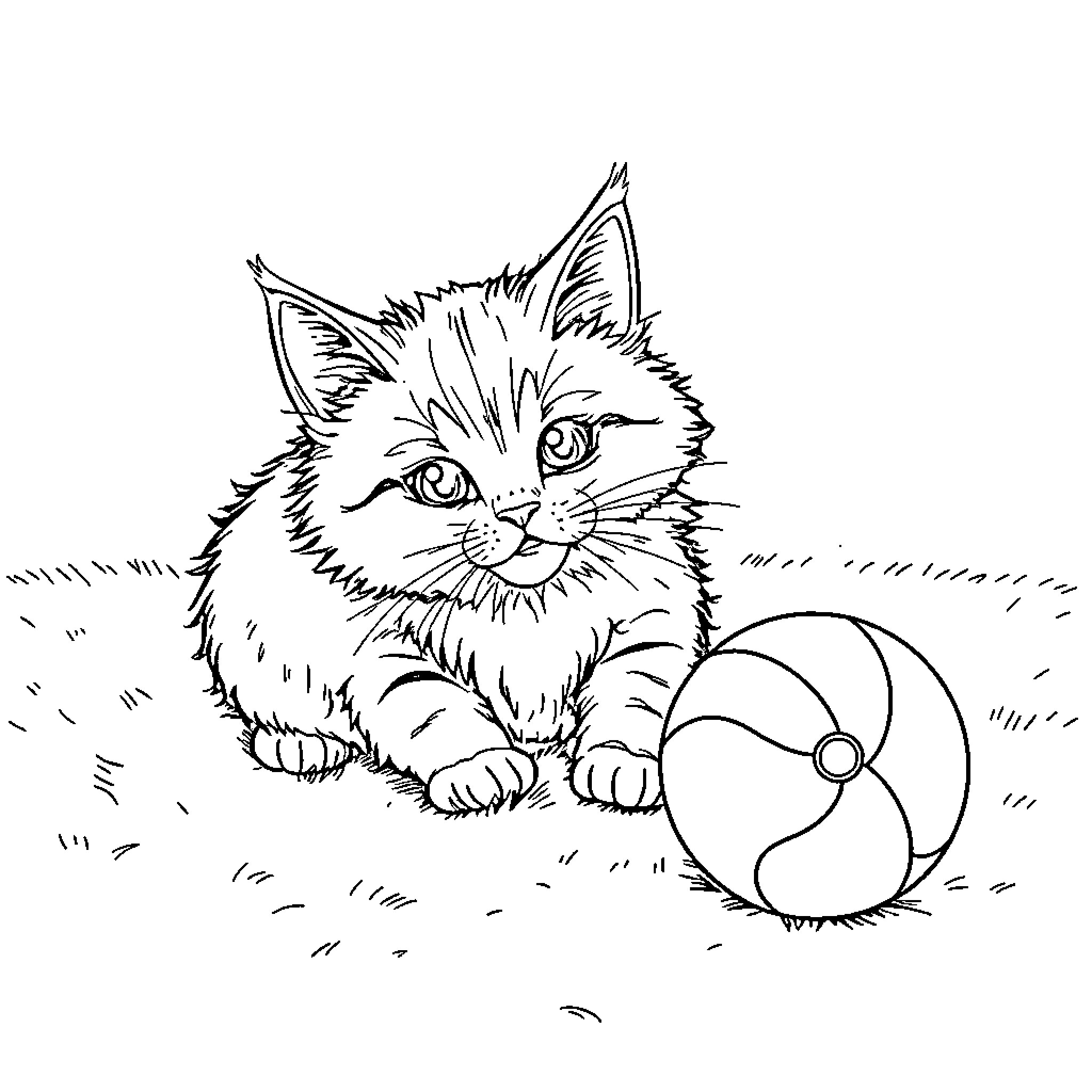 Cat resting with a toy ball Coloring Page (free black-and-white line drawing printable PDF for all, from beginners to advanced learners, including children, teens, adults, and seniors)