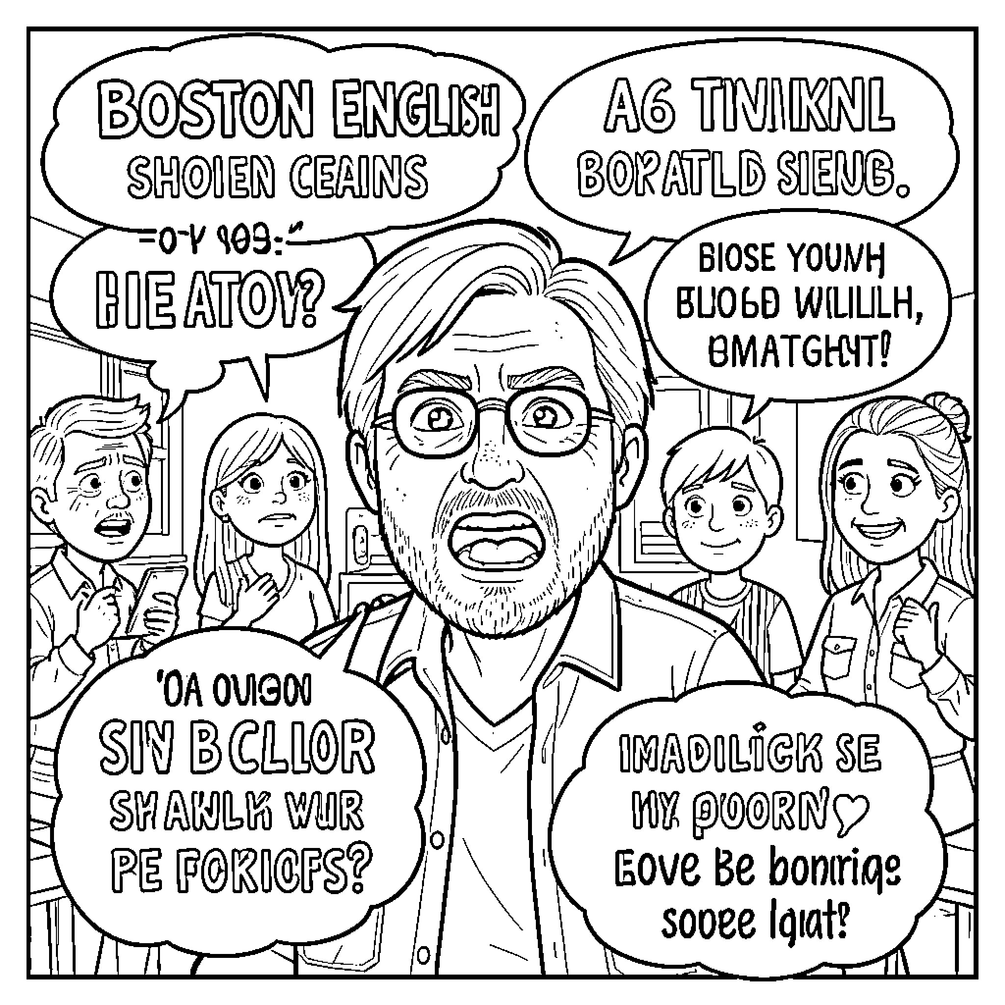 Boston English Speakers Conversing with Concern Coloring Page (free black-and-white line drawing printable PDF for all, from beginners to advanced learners, including children, teens, adults, and seniors)