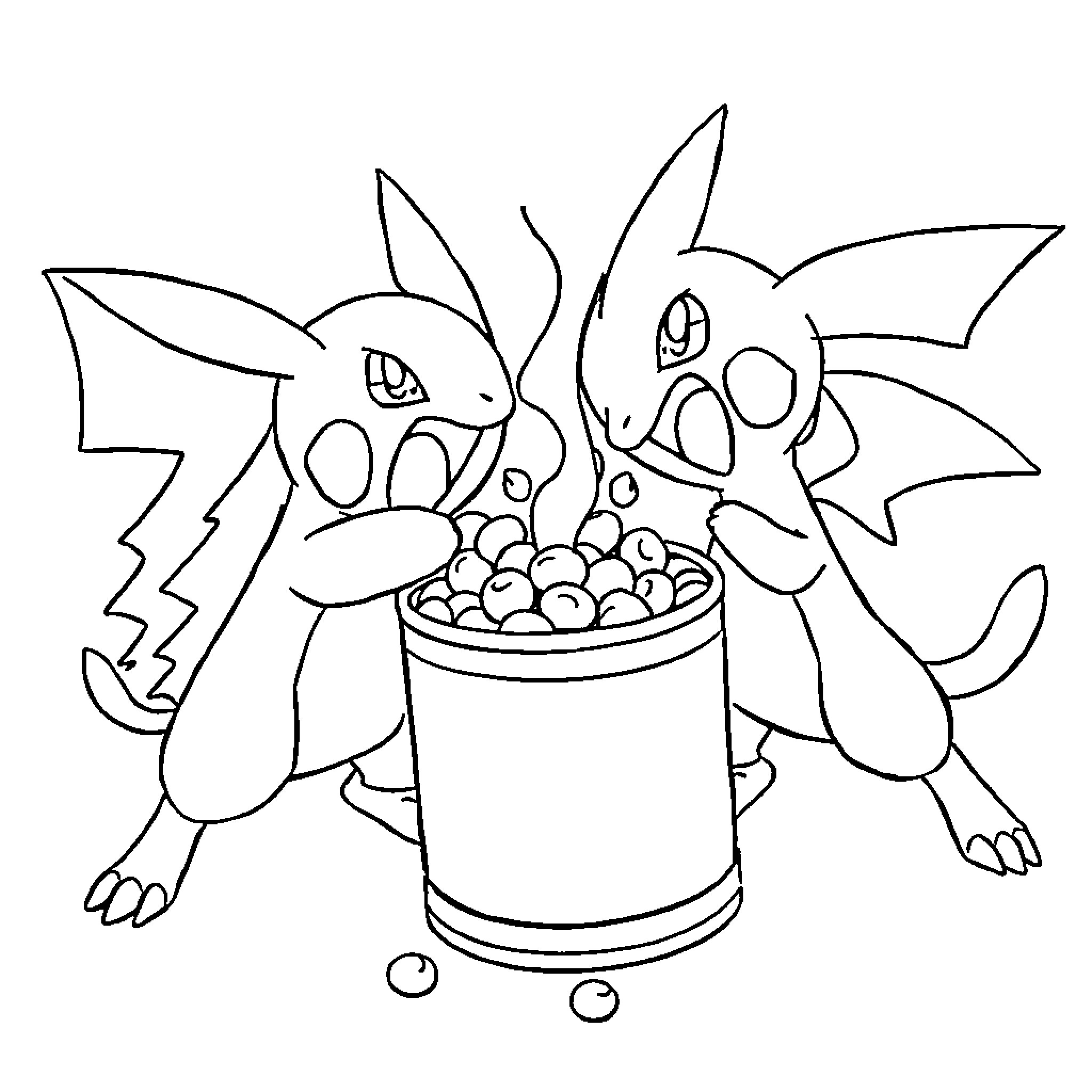 Pokémon characters enjoying a bucket of berries Coloring Page (free black-and-white line drawing printable PDF for all, from beginners to advanced learners, including children, teens, adults, and seniors)