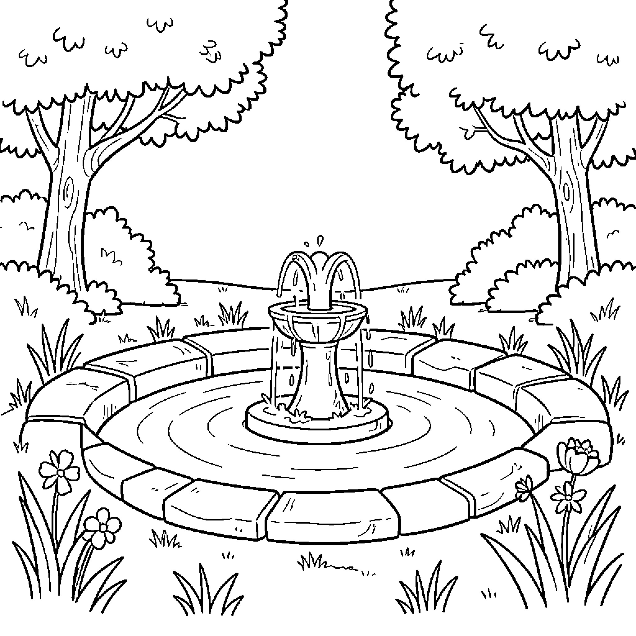 Water Point flowing in a peaceful garden setting Coloring Page (free black-and-white line drawing printable PDF for all, from beginners to advanced learners, including children, teens, adults, and seniors)