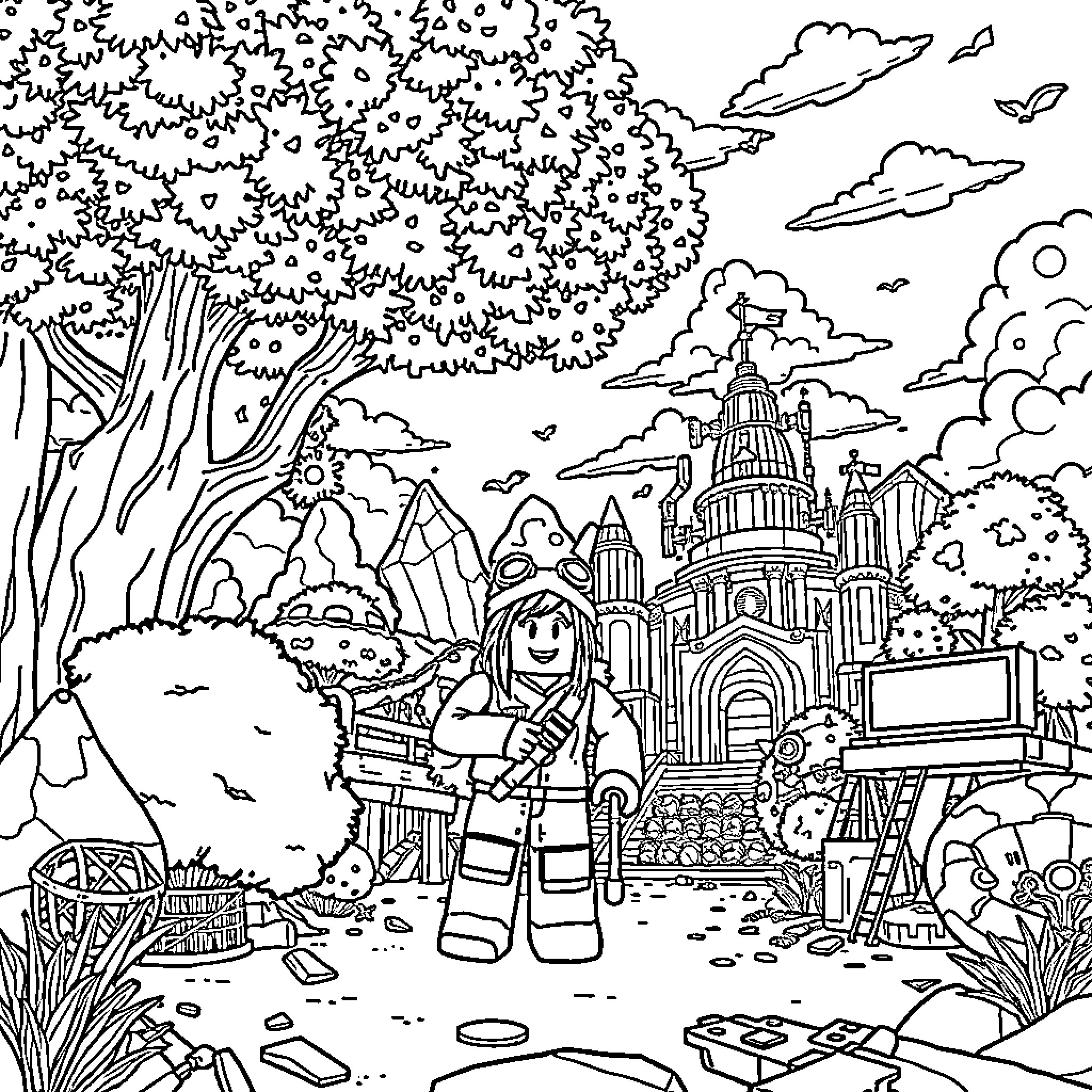 Roblox Adventure in Fantastical Kingdom Coloring Page (free black-and-white line drawing printable PDF for all, from beginners to advanced learners, including children, teens, adults, and seniors)