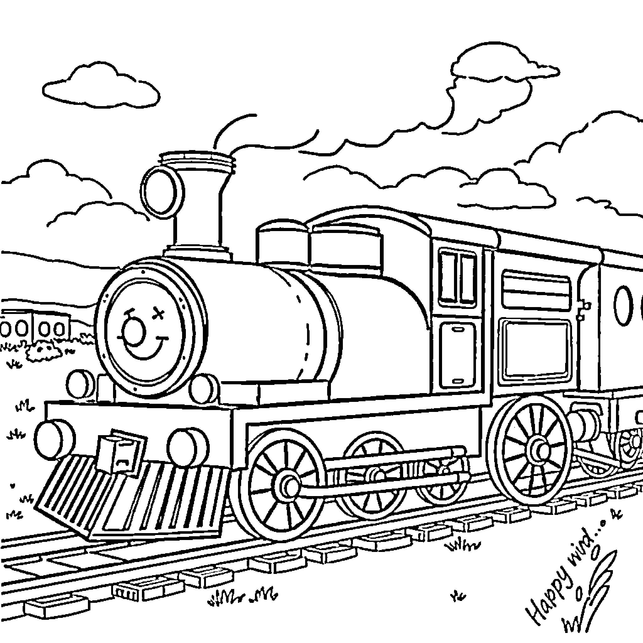 Train traveling through a scenic landscape Coloring Page (free black-and-white line drawing printable PDF for all, from beginners to advanced learners, including children, teens, adults, and seniors)