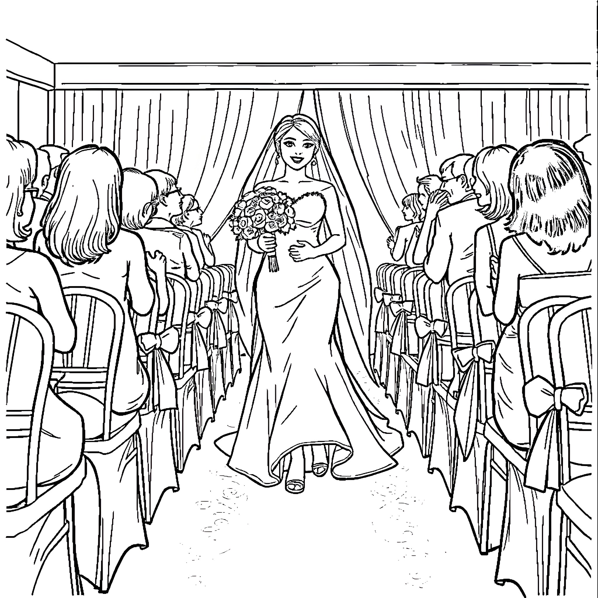 Bride walking down the aisle at her wedding ceremony Coloring Page (free black-and-white line drawing printable PDF for all, from beginners to advanced learners, including children, teens, adults, and seniors)