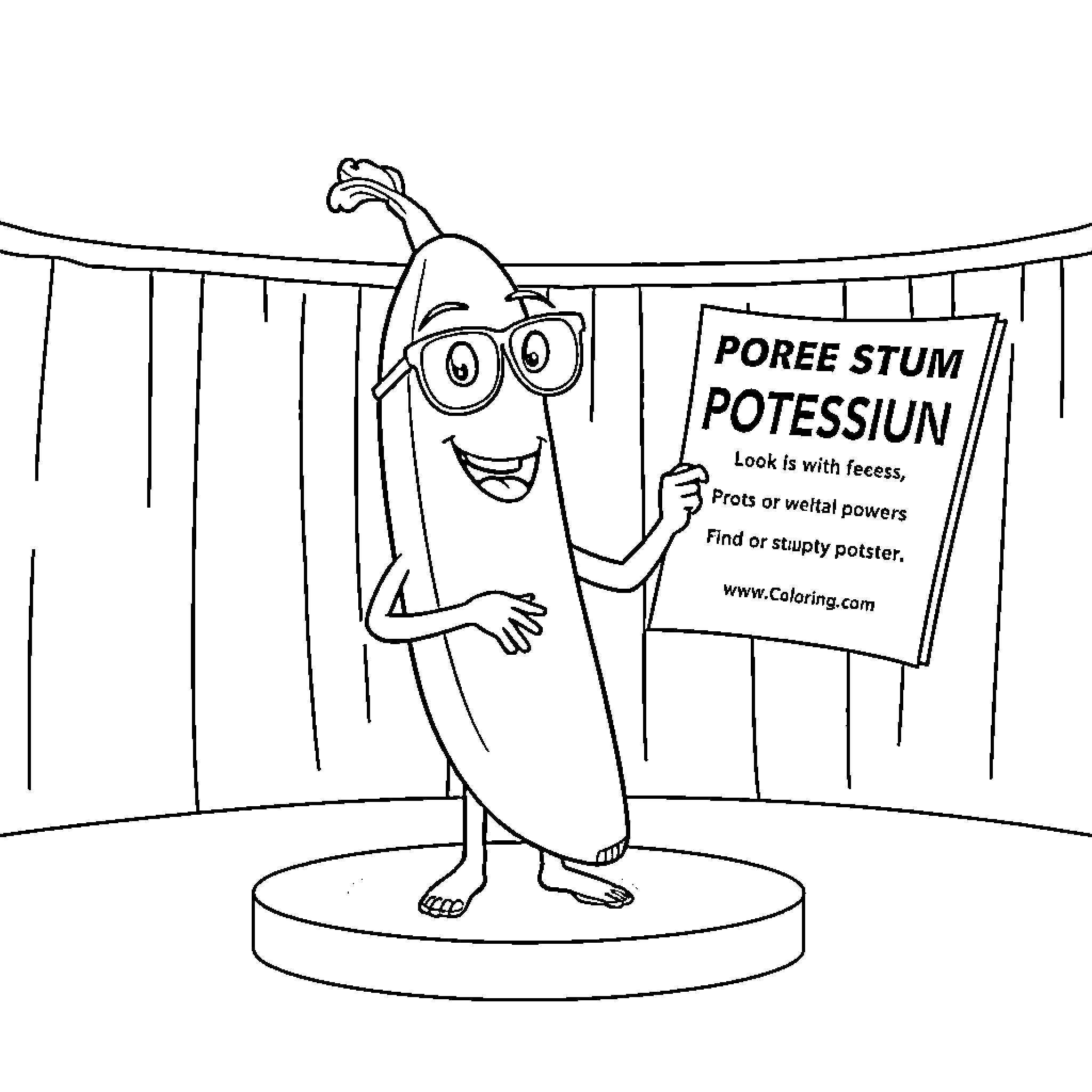 Banana character promoting product on stage Coloring Page (free black-and-white line drawing printable PDF for all, from beginners to advanced learners, including children, teens, adults, and seniors)