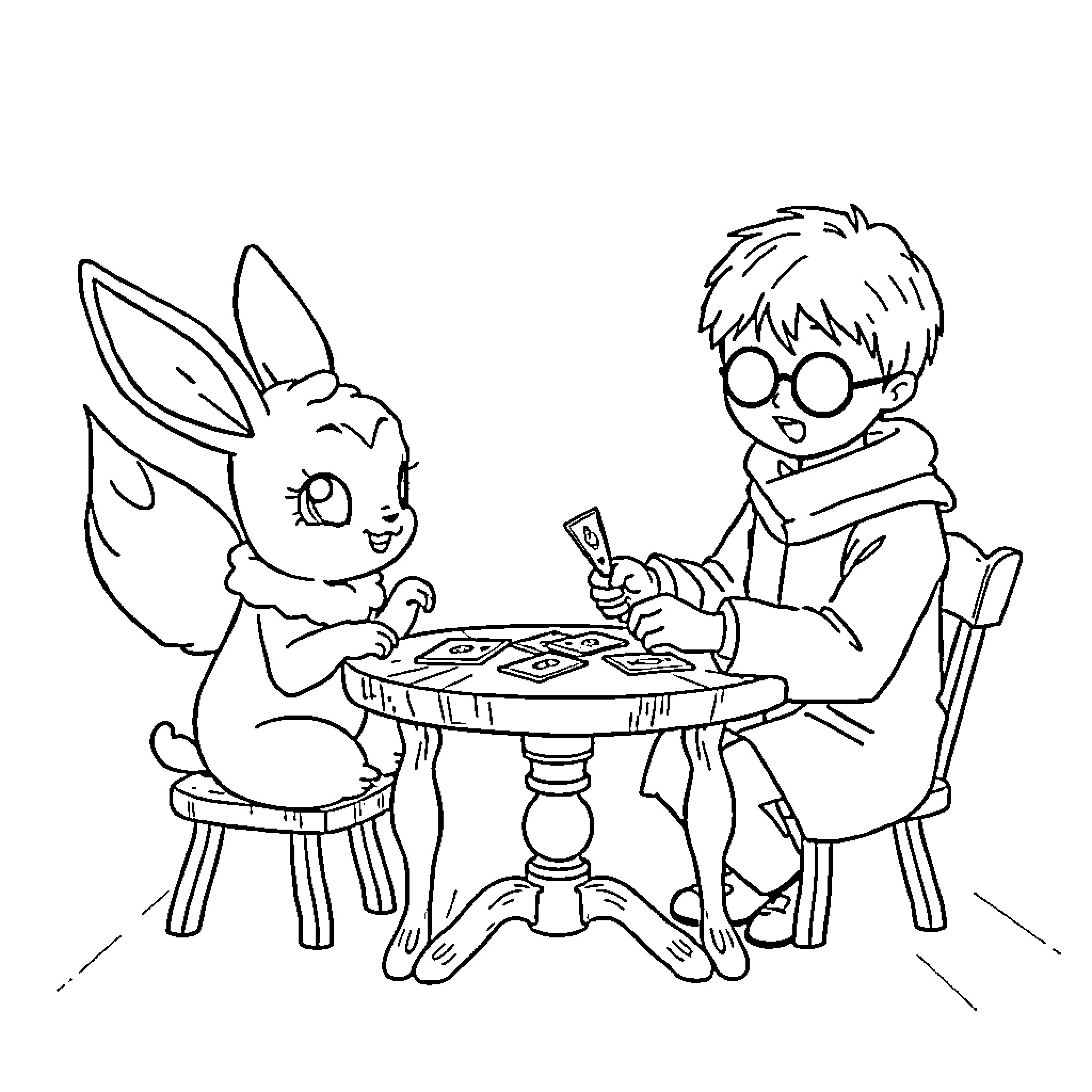 Eevee and Boy Playing Board Game Together Coloring Page (free black-and-white line drawing printable PDF for all, from beginners to advanced learners, including children, teens, adults, and seniors)
