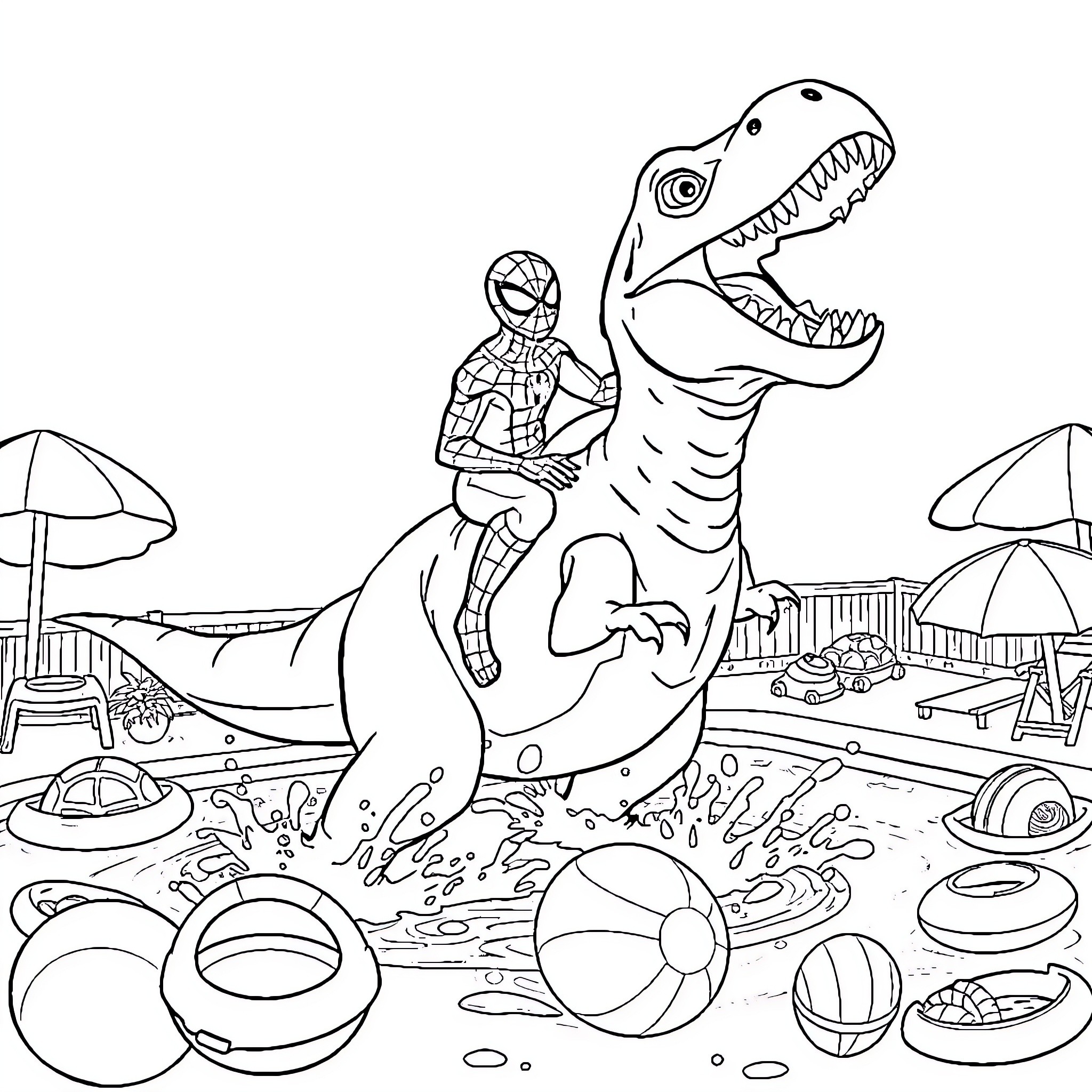 Spider-Man riding a fierce dinosaur at the beach Coloring Page (free black-and-white line drawing printable PDF for all, from beginners to advanced learners, including children, teens, adults, and seniors)