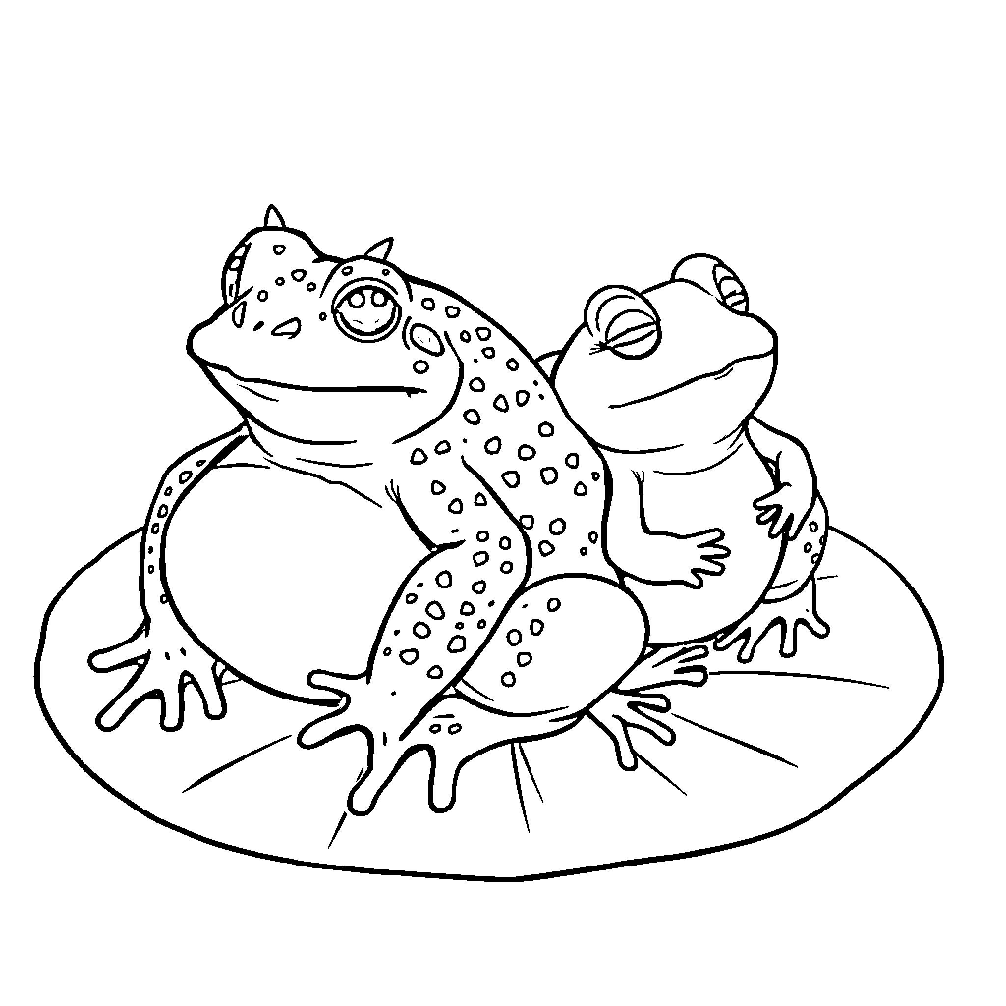 Toad friends relaxing on lily pad Coloring Page (free black-and-white line drawing printable PDF for all, from beginners to advanced learners, including children, teens, adults, and seniors)