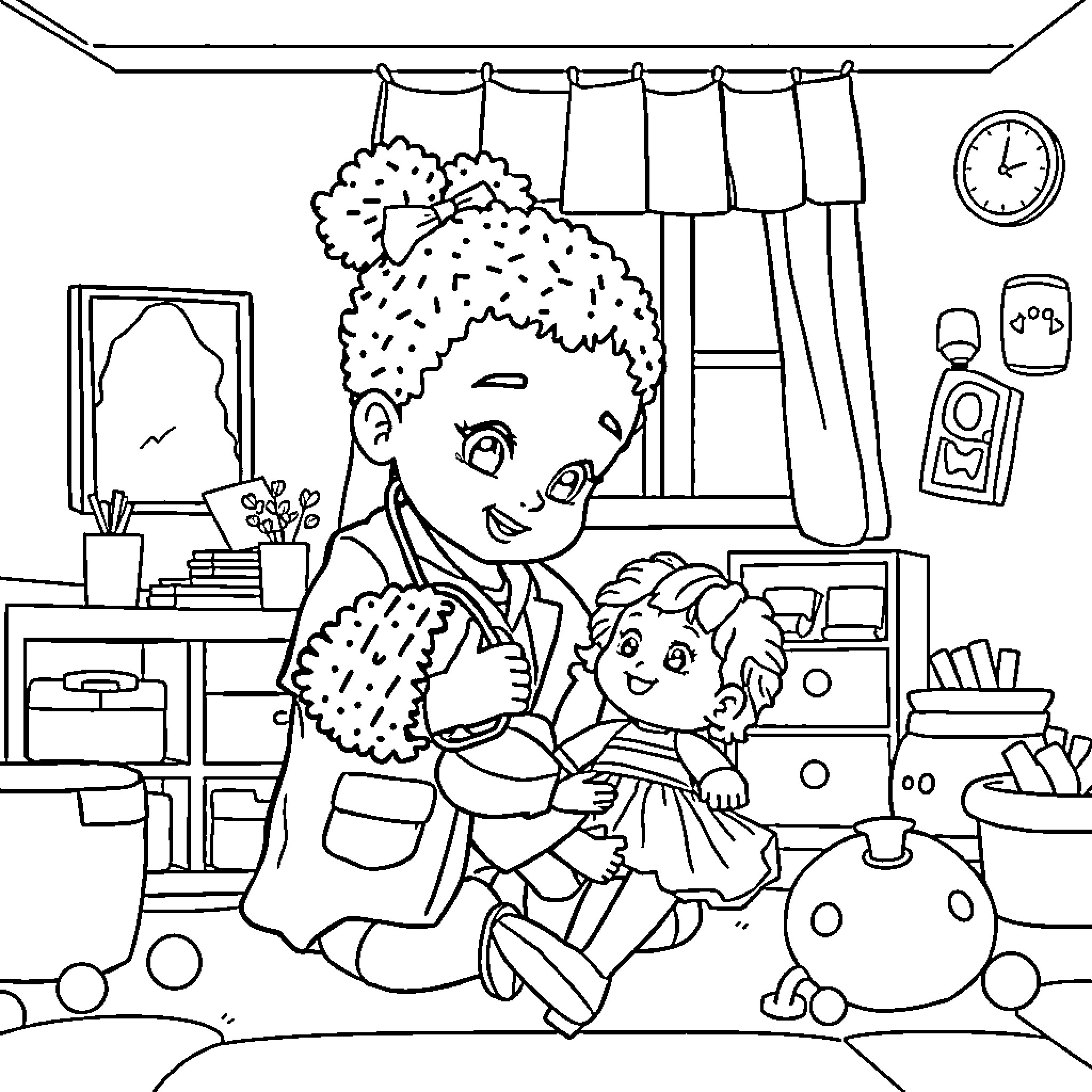 Toddler siblings playing together in a cozy room Coloring Page (free black-and-white line drawing printable PDF for all, from beginners to advanced learners, including children, teens, adults, and seniors)