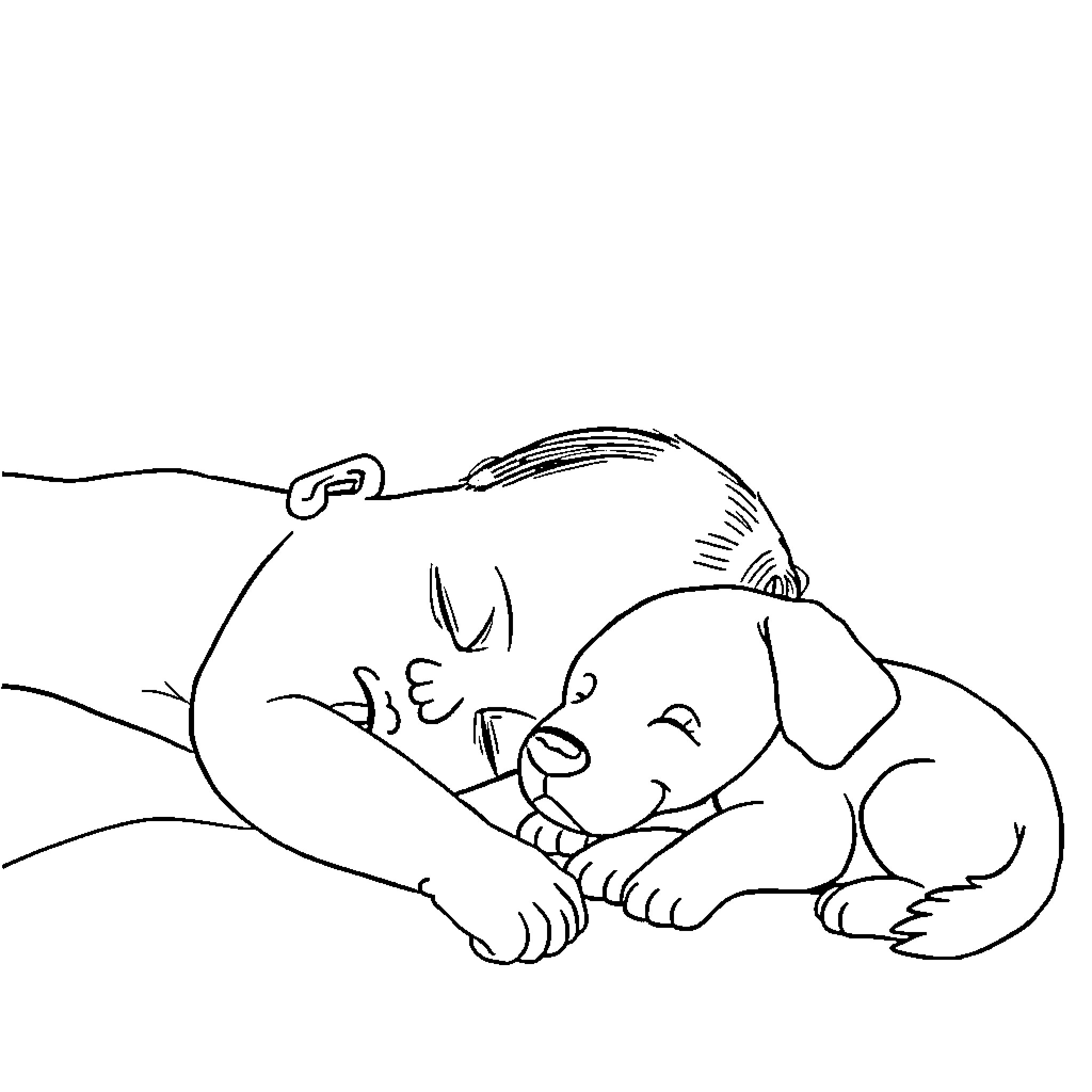 Baby puppy sleeping peacefully in bed Coloring Page (free black-and-white line drawing printable PDF for all, from beginners to advanced learners, including children, teens, adults, and seniors)