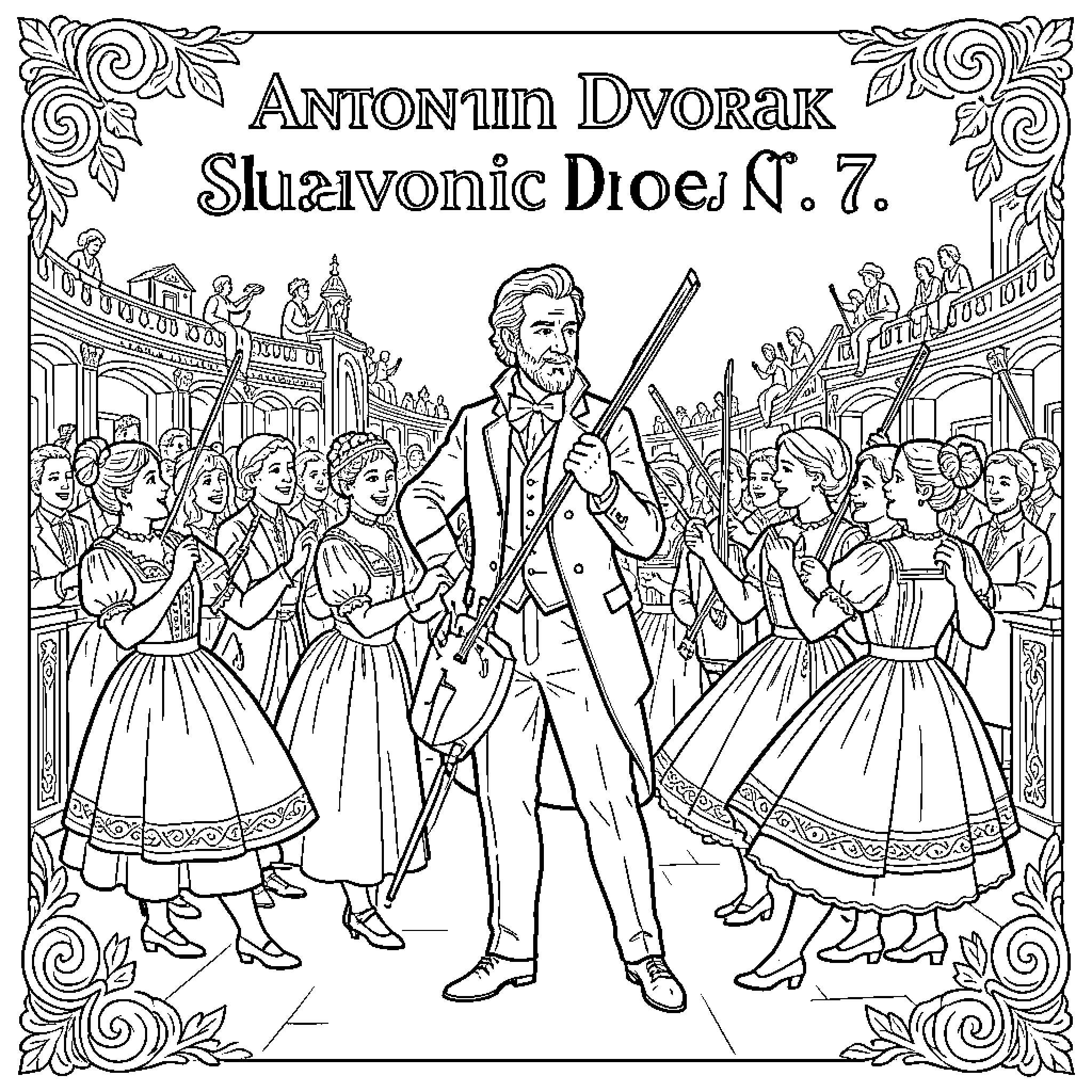 Dvorak surrounded by dancing people in formal attire Coloring Page (free black-and-white line drawing printable PDF for all, from beginners to advanced learners, including children, teens, adults, and seniors)