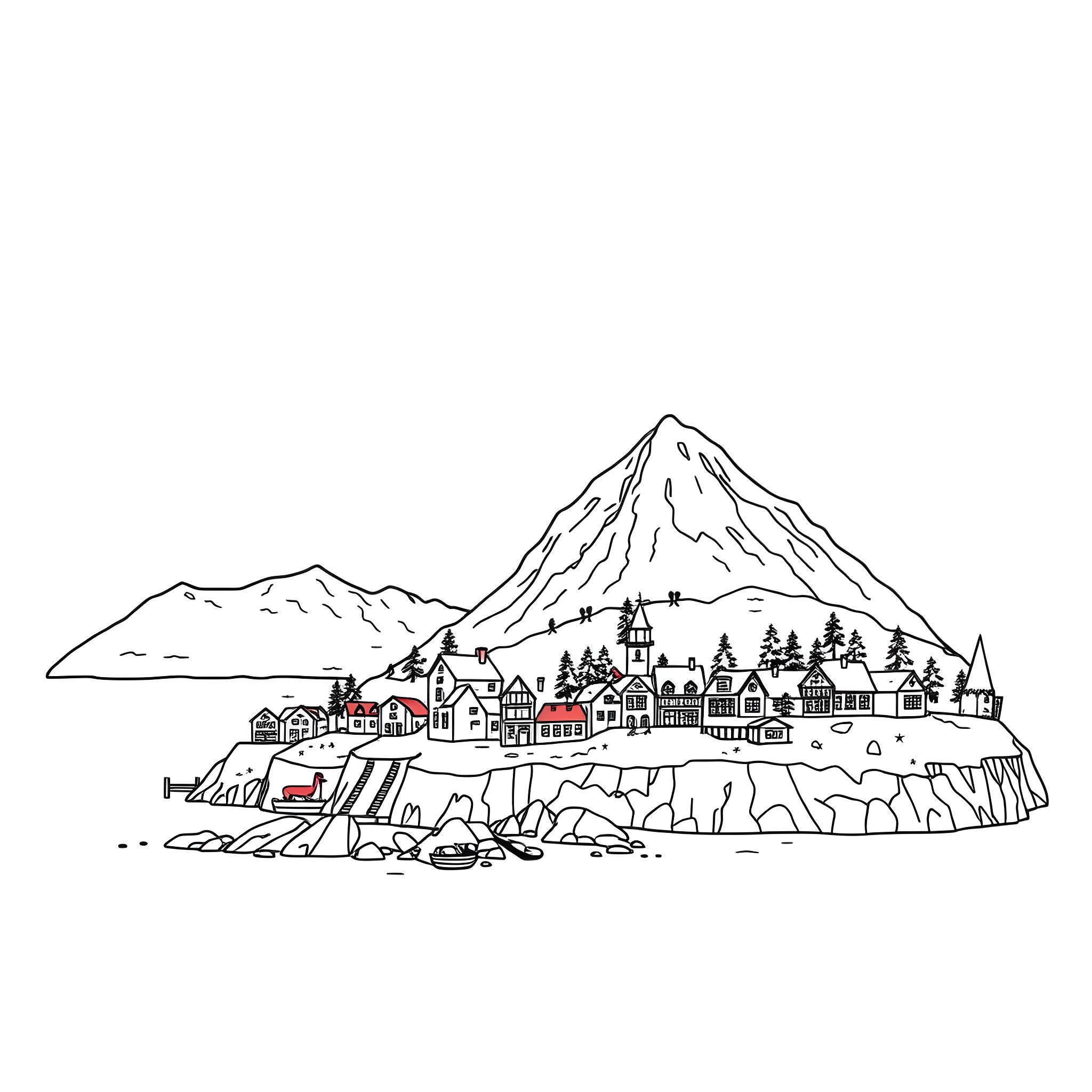 Cape Breton Island scenic village with mountains Coloring Page (free black-and-white line drawing printable PDF for all, from beginners to advanced learners, including children, teens, adults, and seniors)