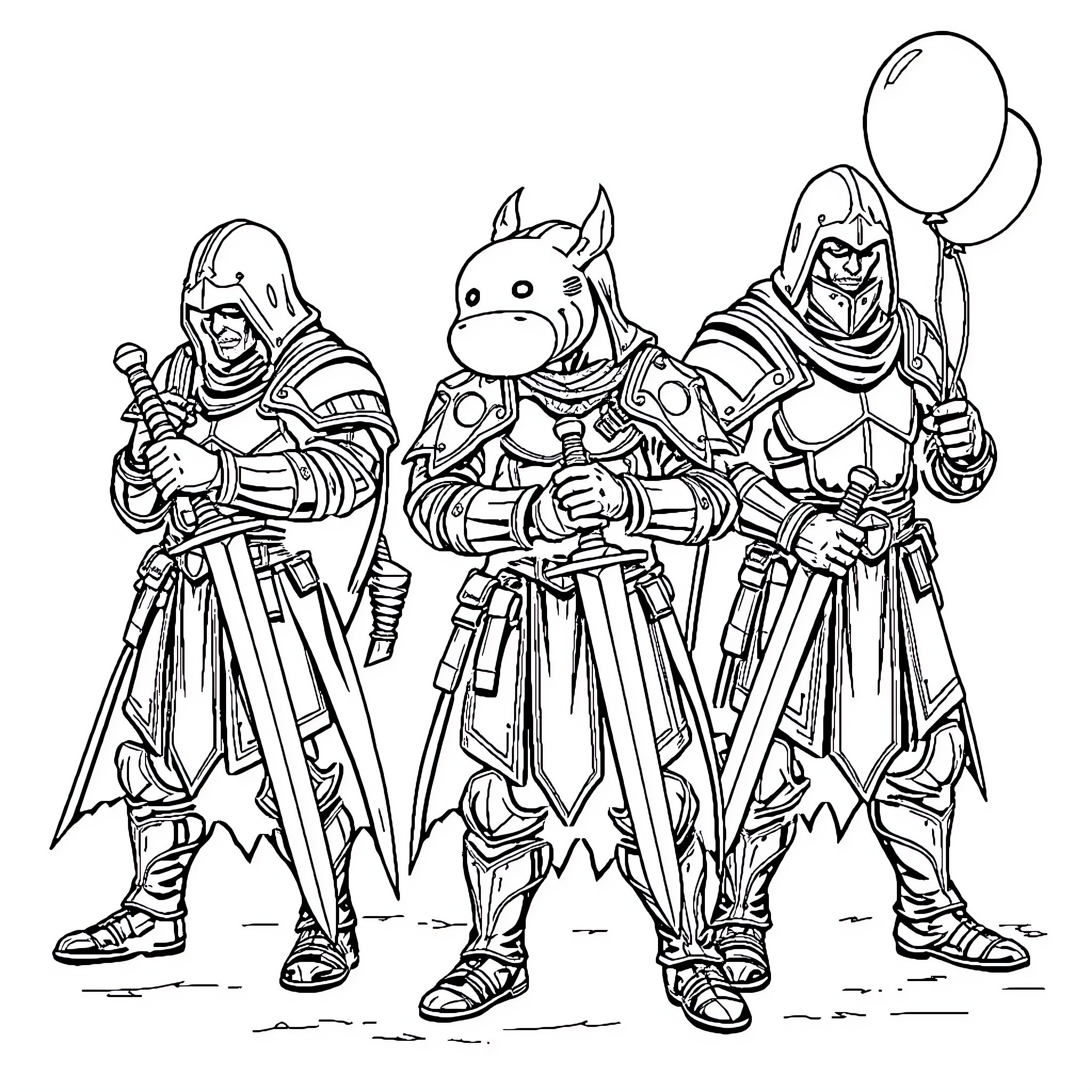Fighter Knights in Armored Attire with Weapons Coloring Page (free black-and-white line drawing printable PDF for all, from beginners to advanced learners, including children, teens, adults, and seniors)