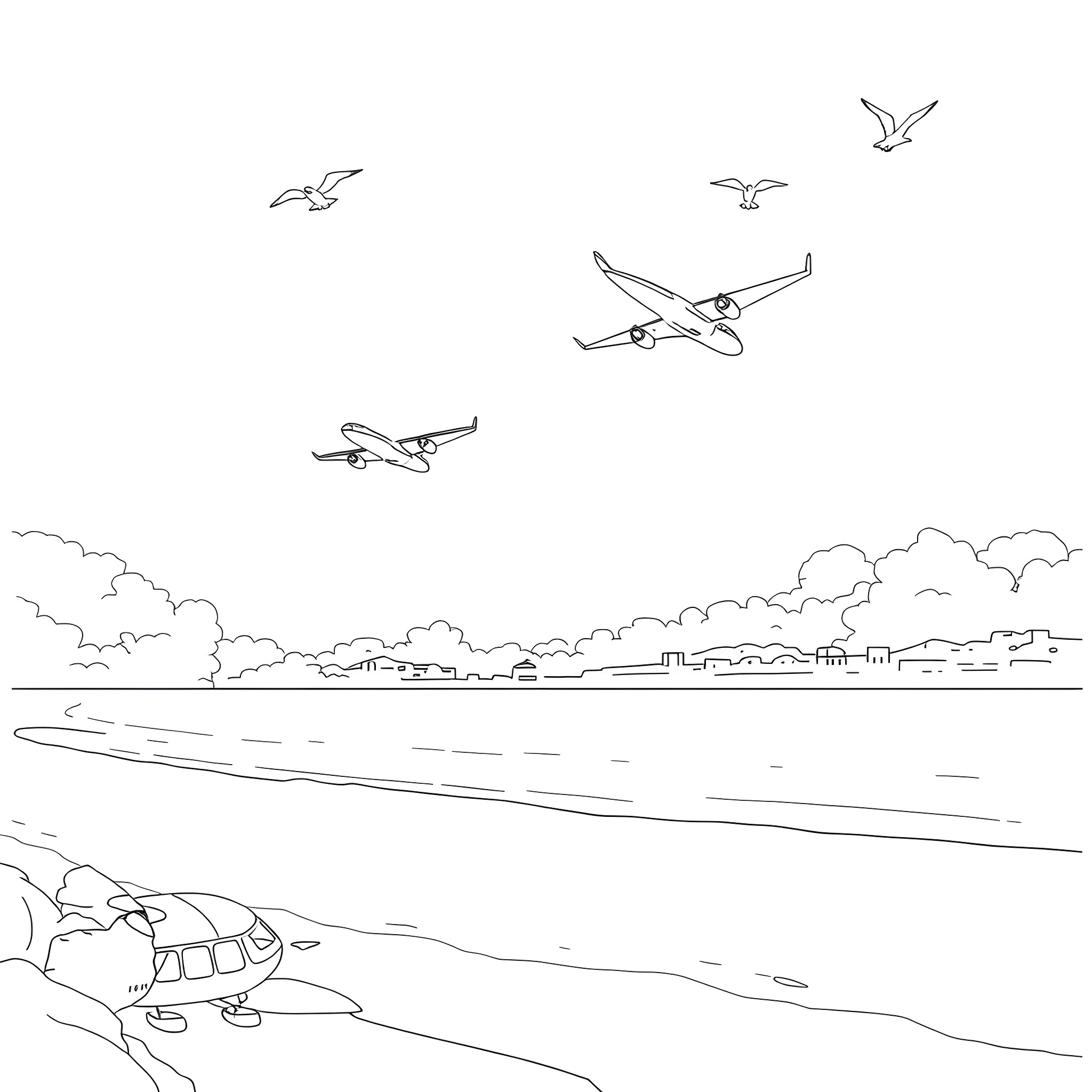 Airplanes flying over a coastal city Coloring Page (free black-and-white line drawing printable PDF for all, from beginners to advanced learners, including children, teens, adults, and seniors)