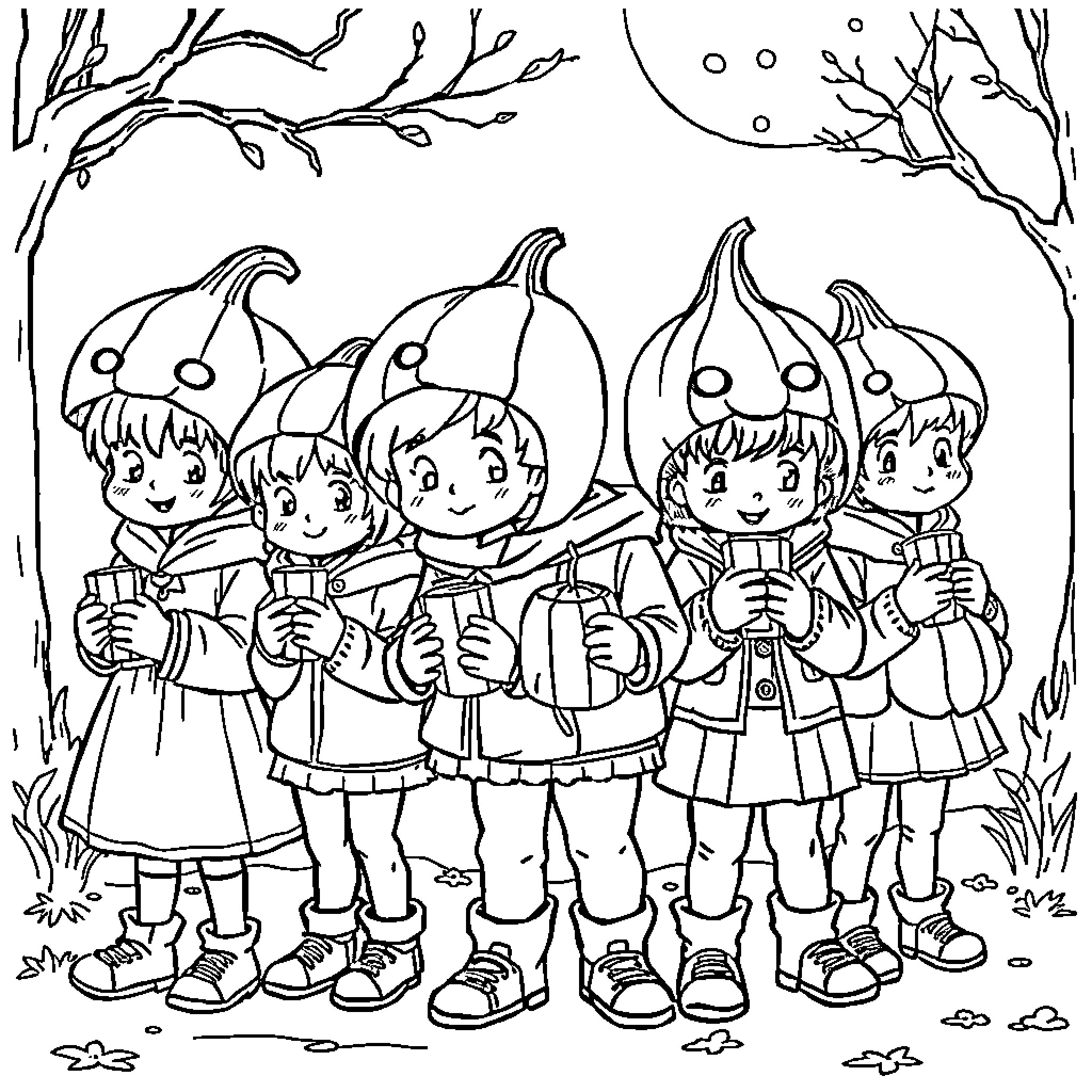 Niños dressed as pumpkins enjoying the outdoors Coloring Page (free black-and-white line drawing printable PDF for all, from beginners to advanced learners, including children, teens, adults, and seniors)