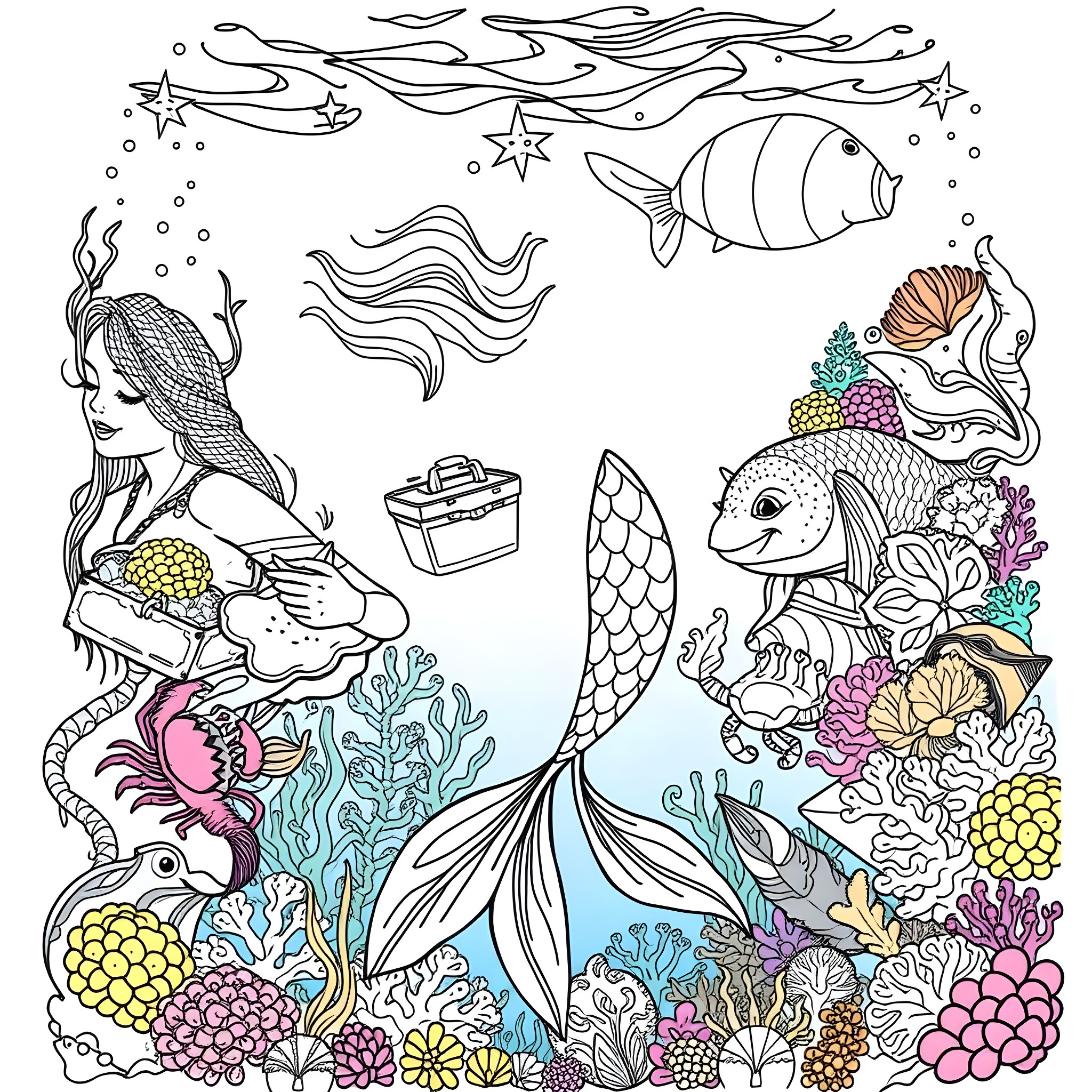 Mermaid exploring the vibrant underwater world Coloring Page (free black-and-white line drawing printable PDF for all, from beginners to advanced learners, including children, teens, adults, and seniors)